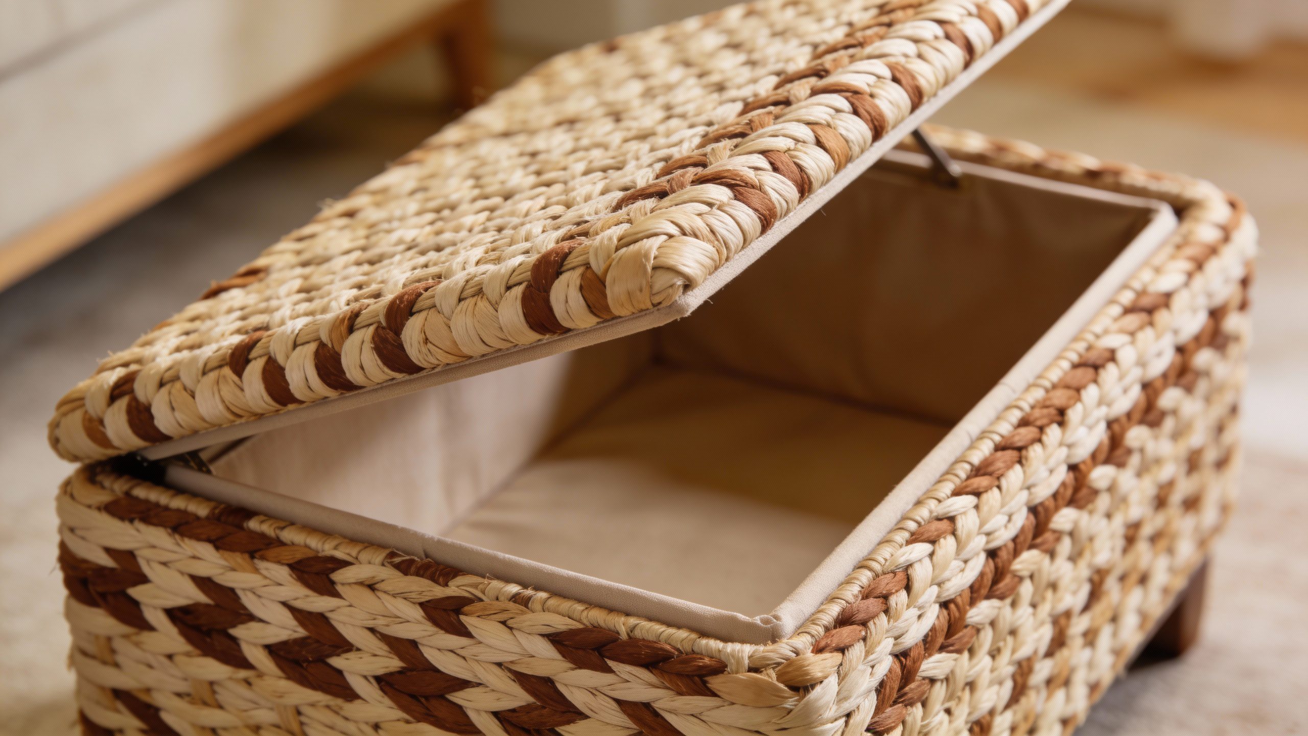 **Closeup of a woven storage ottoman with lid open**