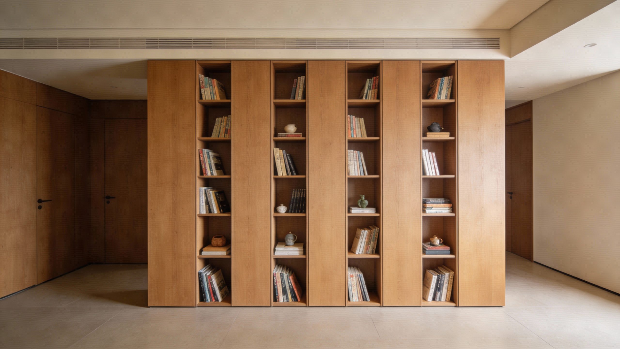 **Tall narrow bookshelf used as a room divider**