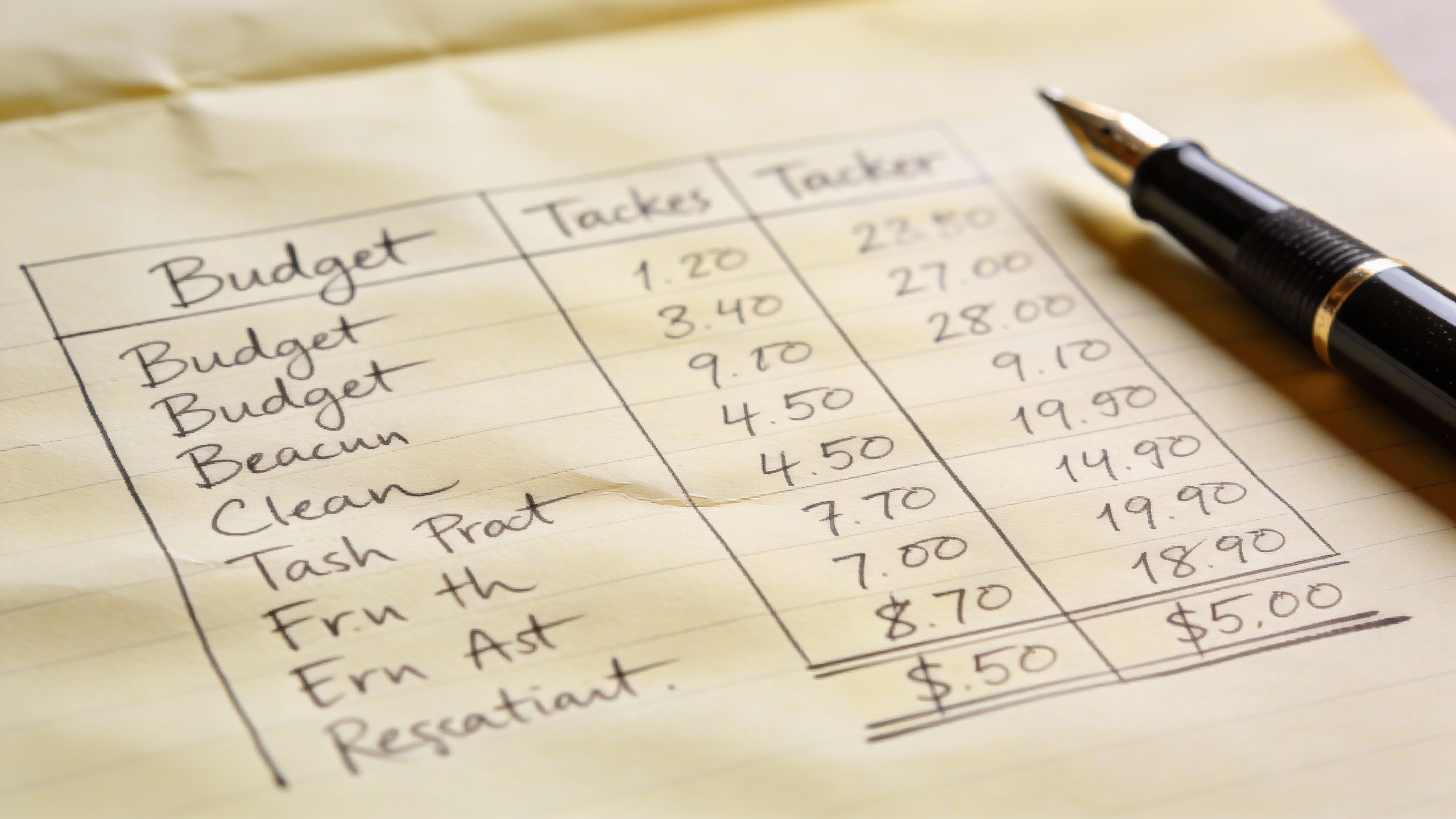**Closeup of a handwritten budget tracker with pen**