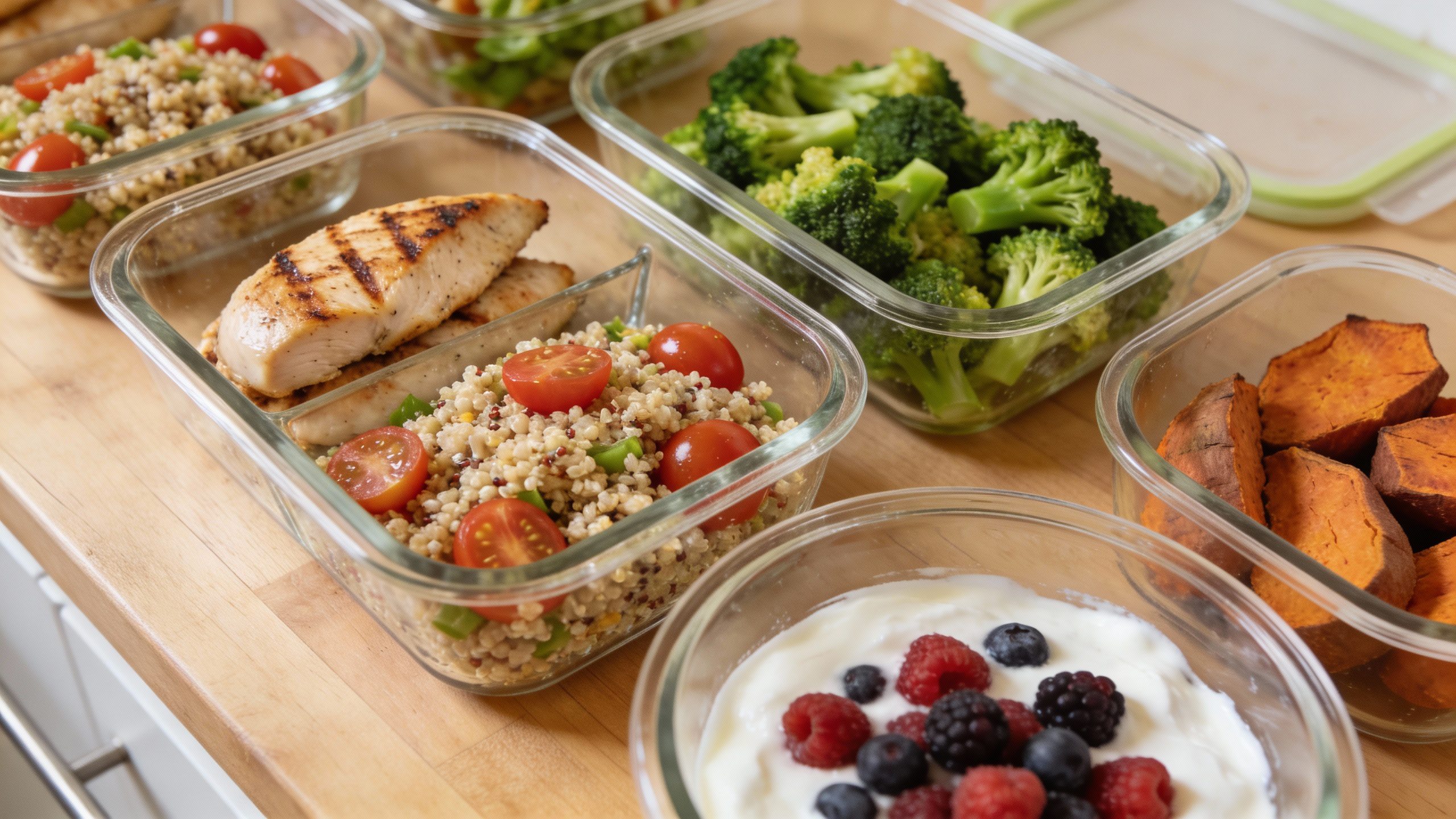 **Fresh weekly meal prep in glass containers**