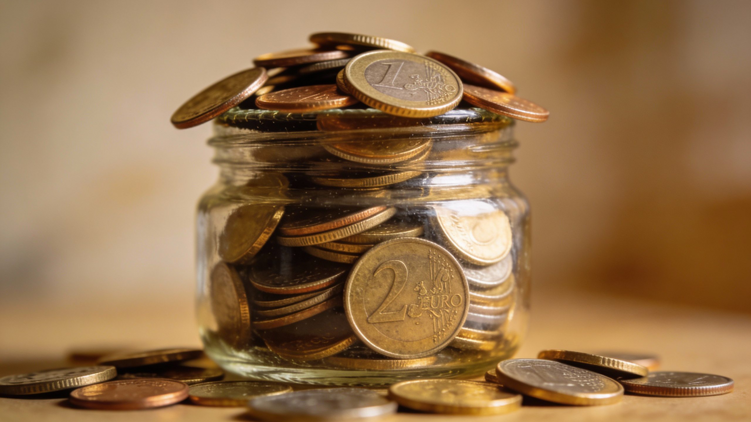 **Pile of loose change in a savings jar**