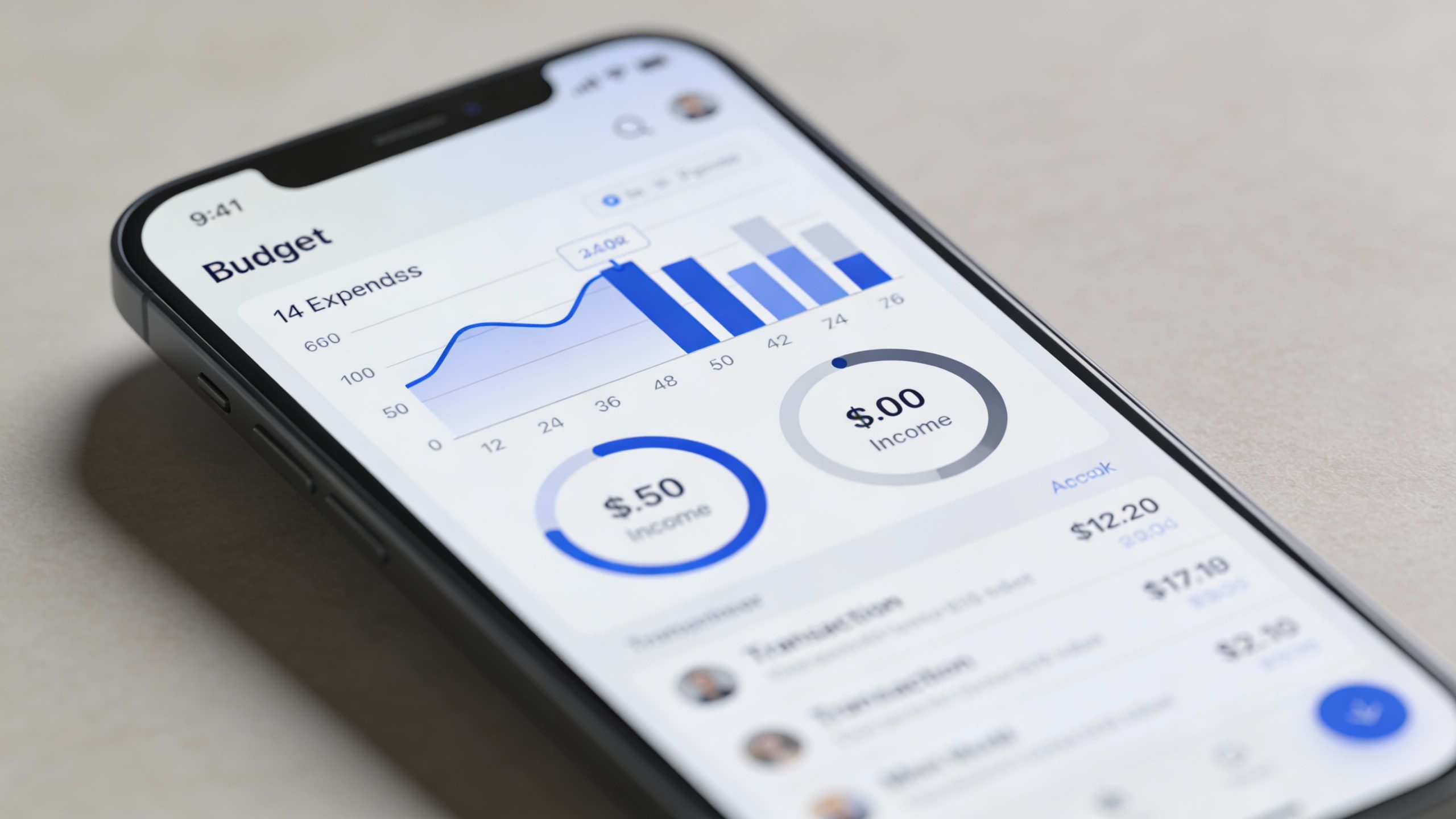 **Closeup of a budgeting app open on a smartphone screen**