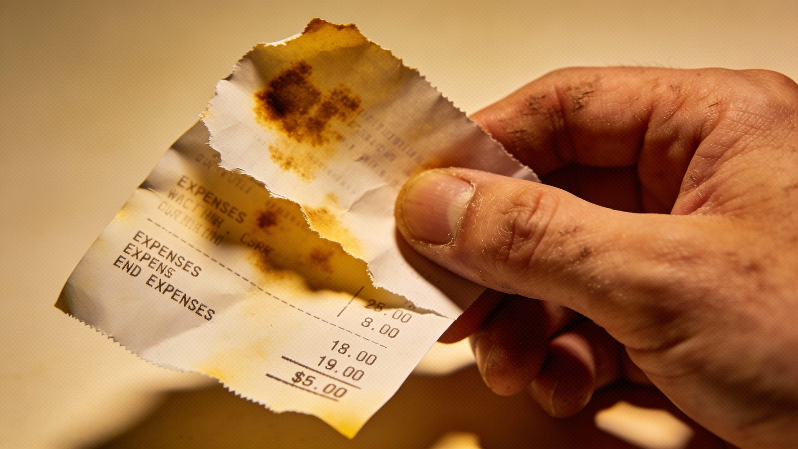 **Hand holding a torn receipt with highlighted expenses**