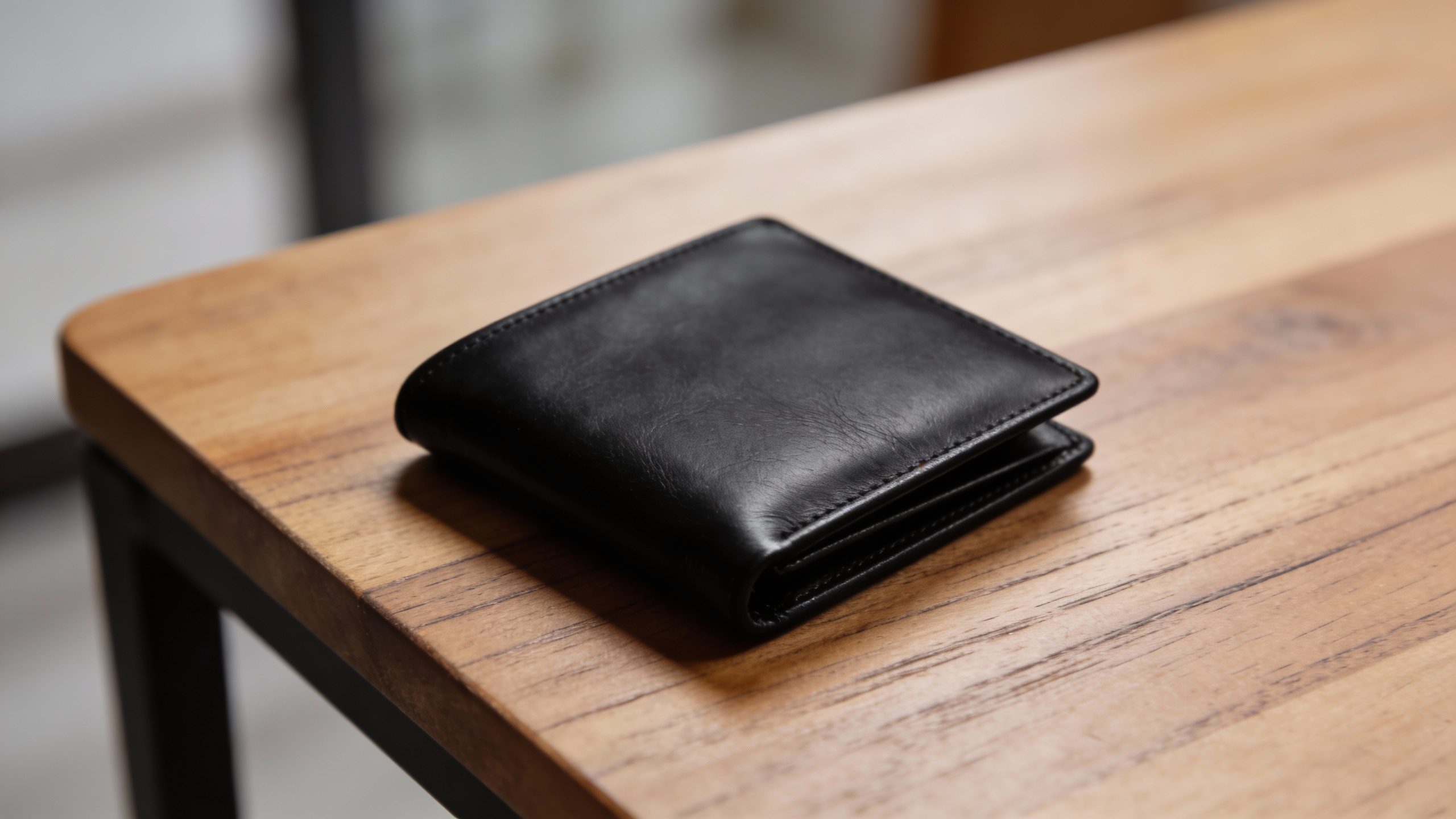 **Closeup of a sleek black minimalist wallet on wood table**
