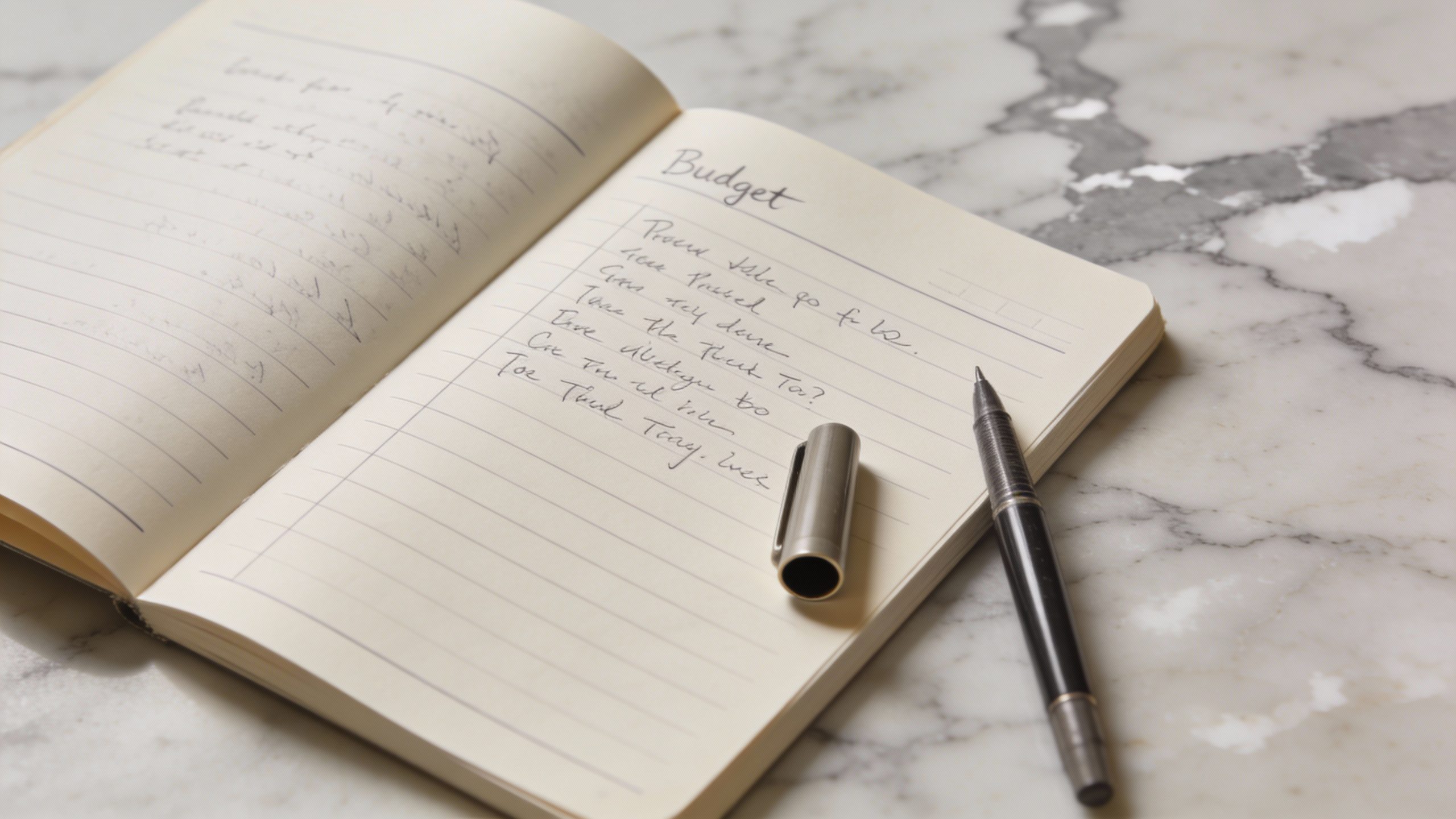 **Single handwritten budget notebook with pen on marble surface**