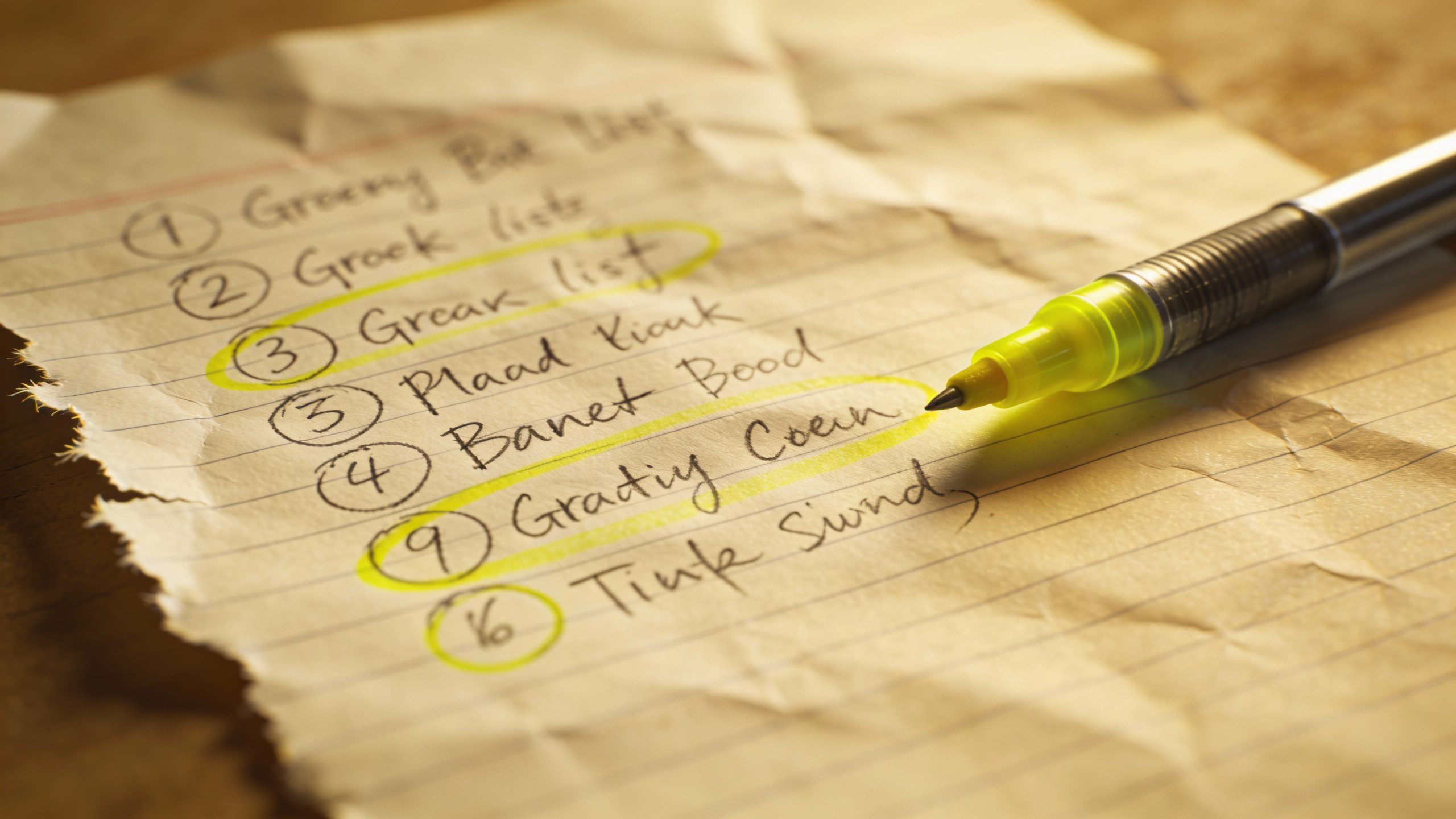 **Closeup of a handwritten grocery list with highlighted items**