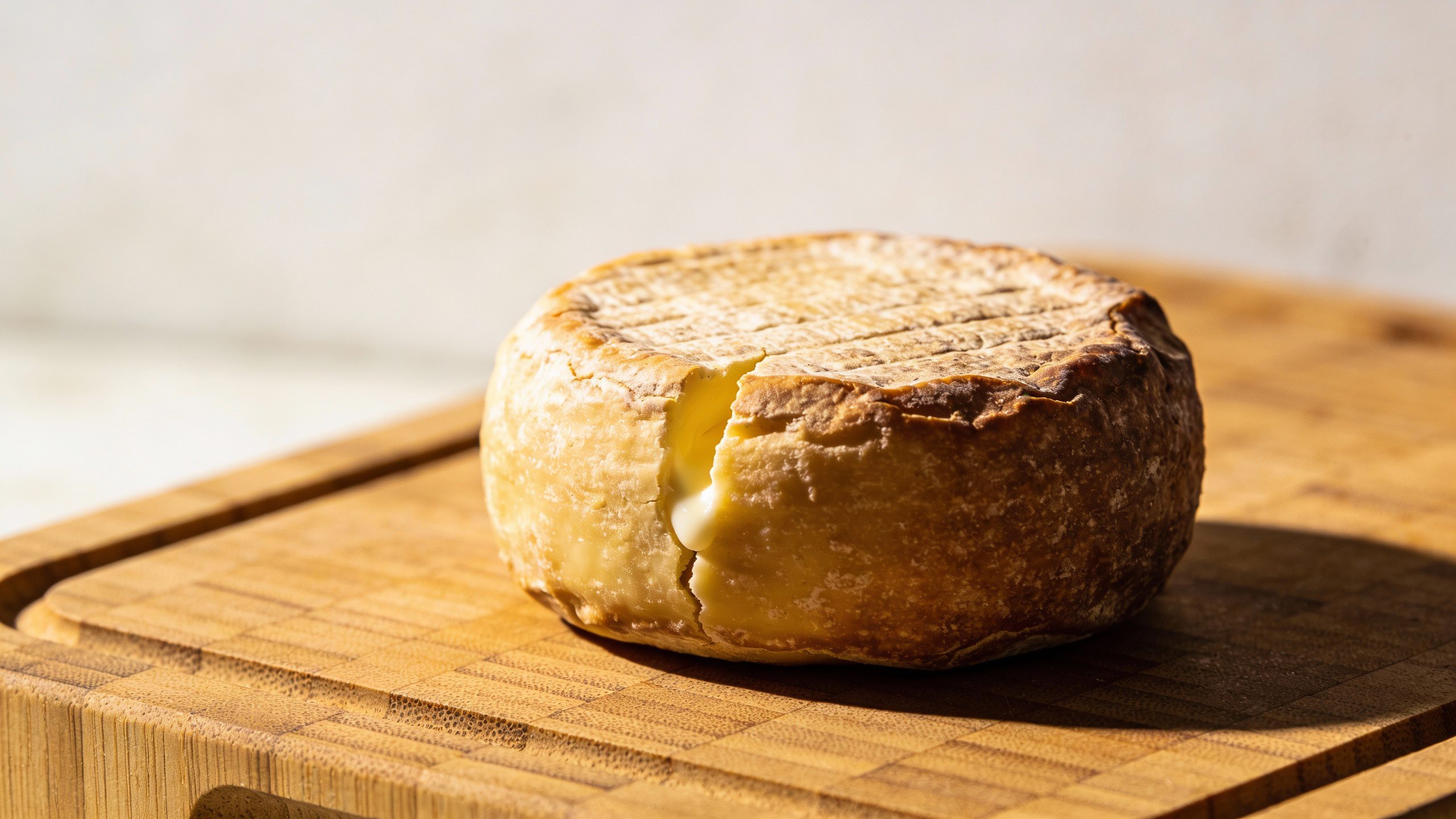 **Single artisanal cheese wheel on wooden cutting board**