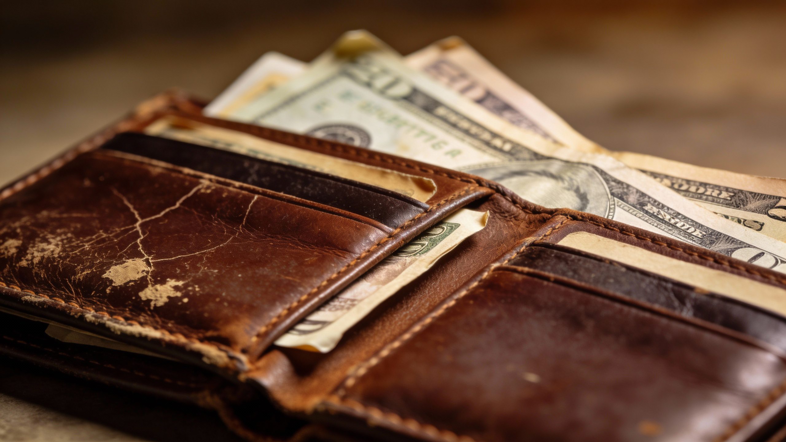 **Closeup of a worn leather wallet with cash overflowing**