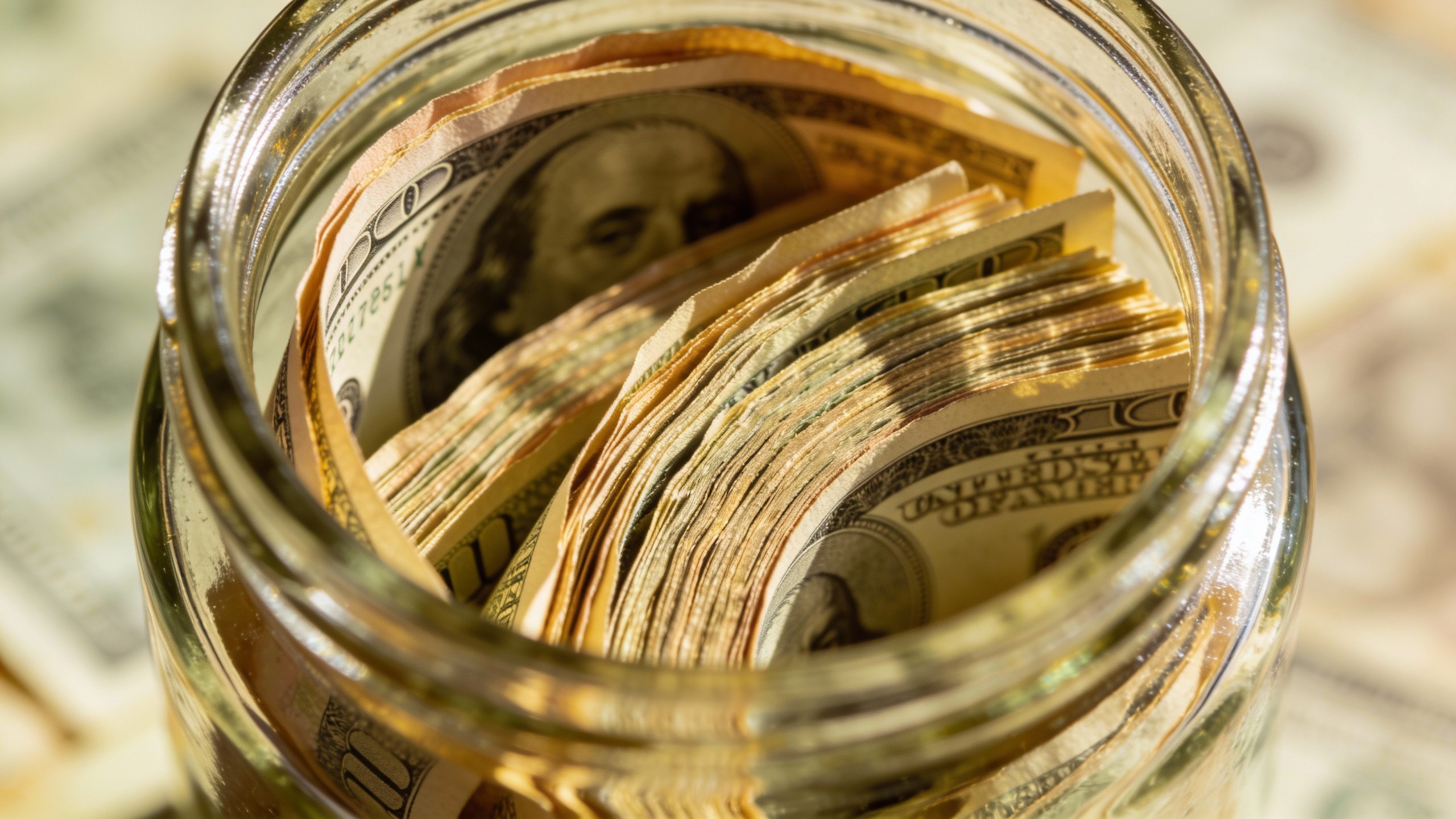 **Closeup of stacked emergency cash in a glass jar**