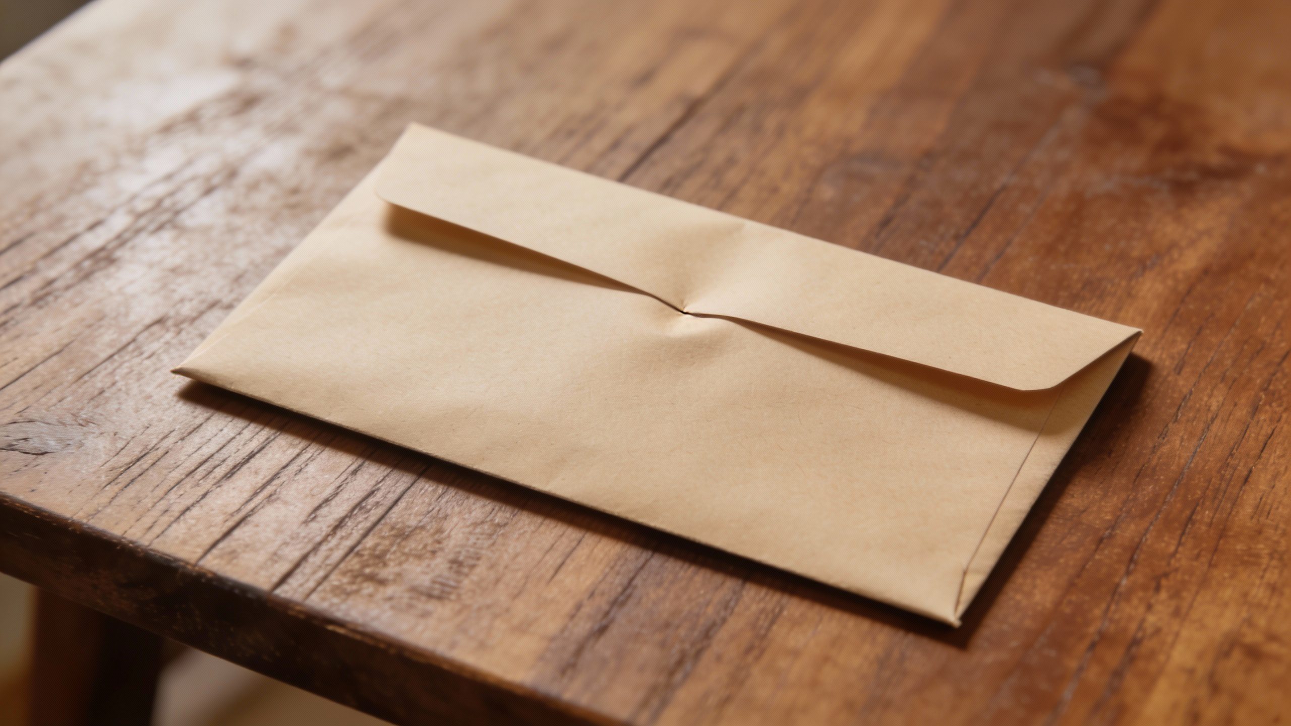 **Single paycheck envelope on wooden table**
