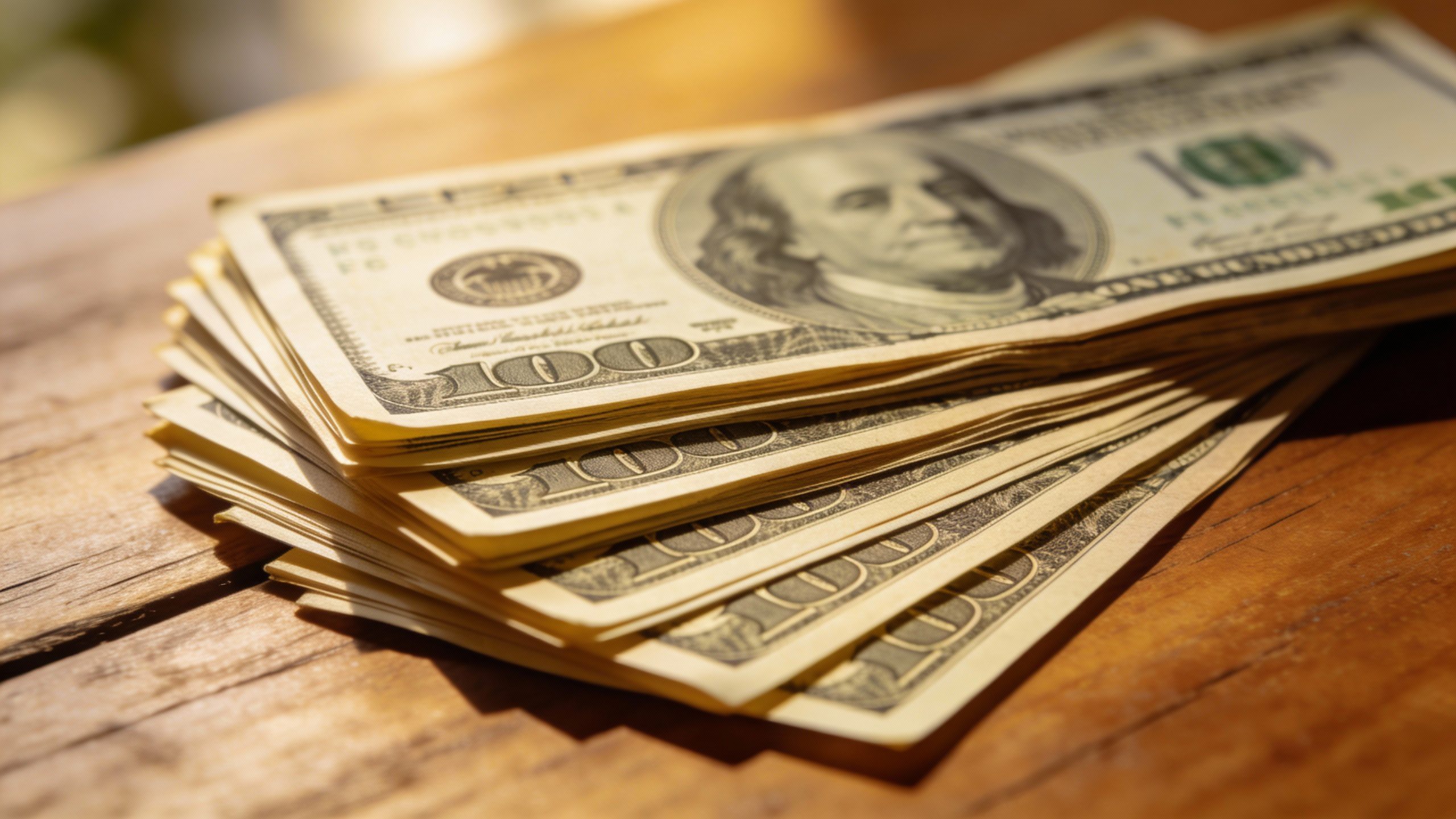 **Stack of crisp dollar bills fanned out on wooden table**
