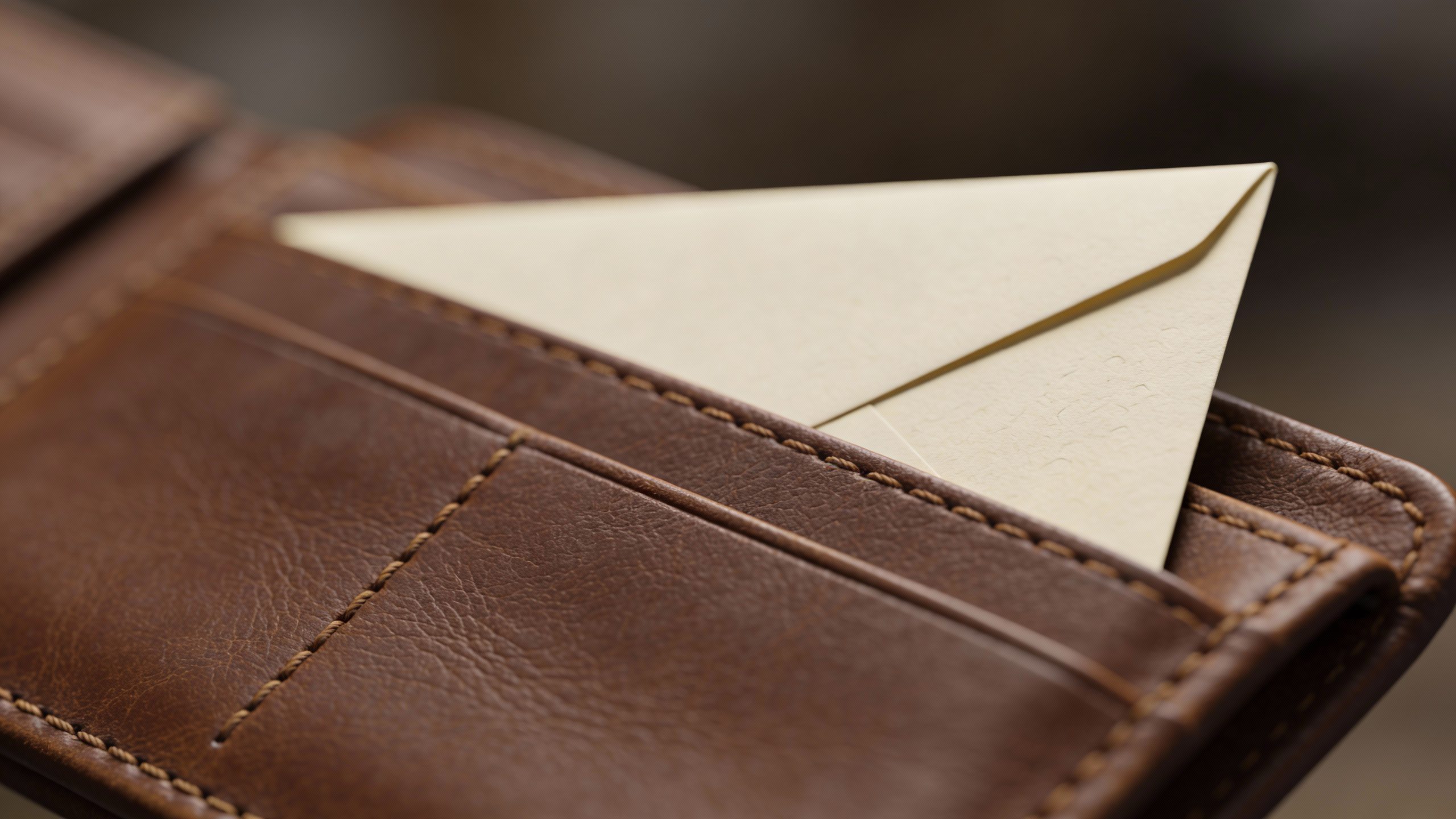 **Closeup of a wallet with one protruding labeled envelope**