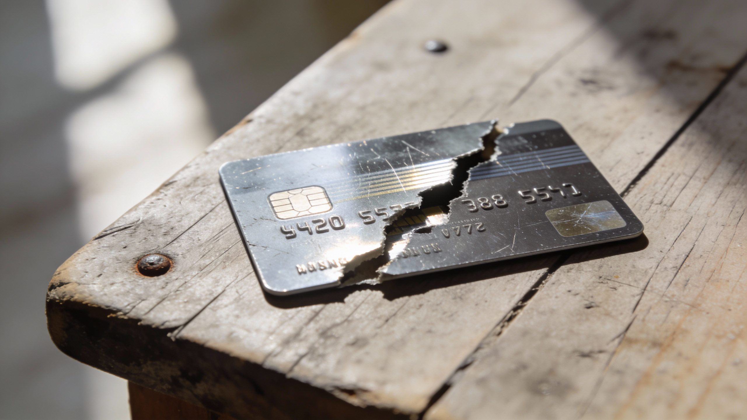 **Single torn credit card on a wooden table** Each prompt is focused, specific to the article's theme, and designed for professional photography.