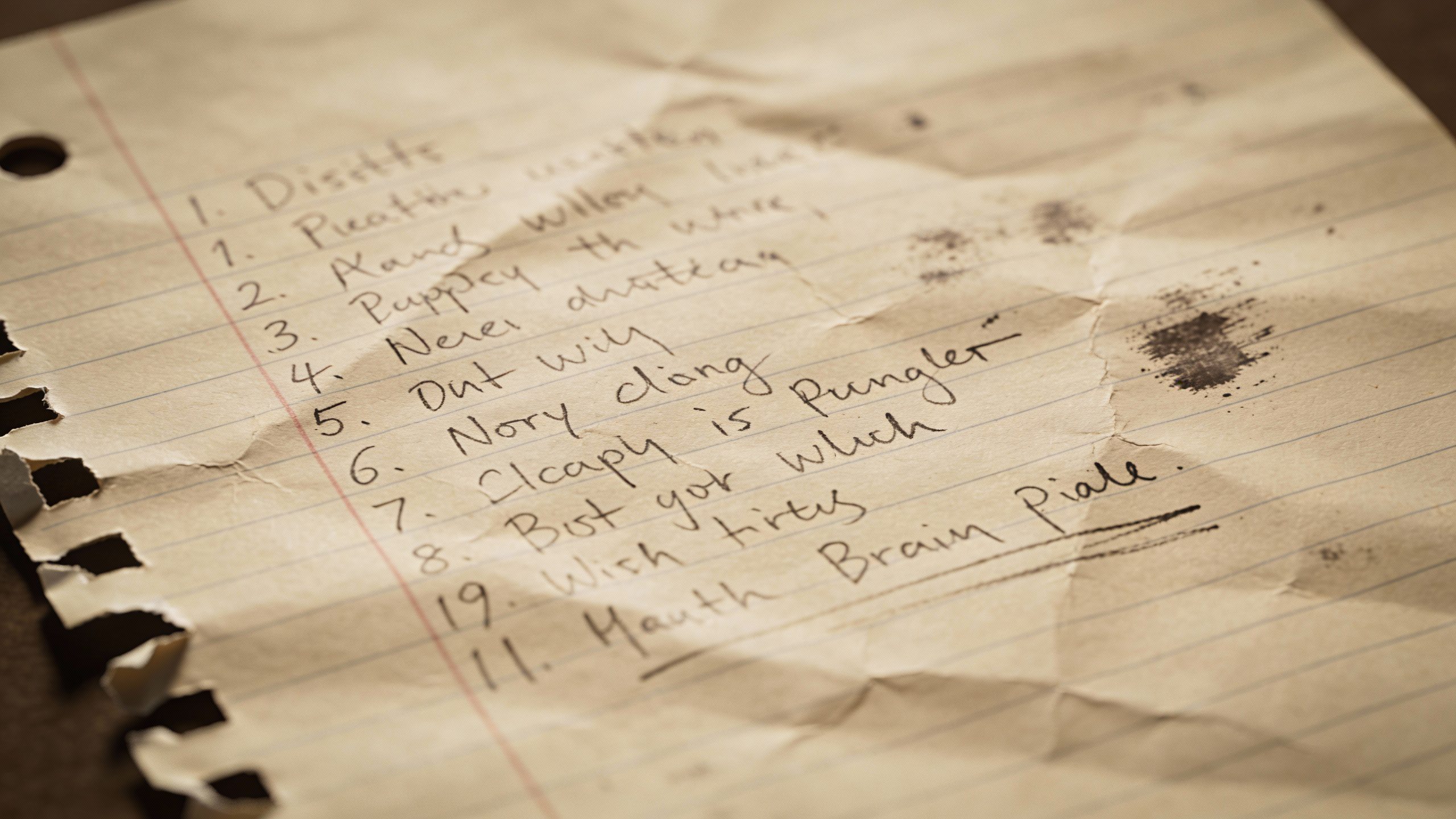 **Closeup of a handwritten debt list on notebook paper**