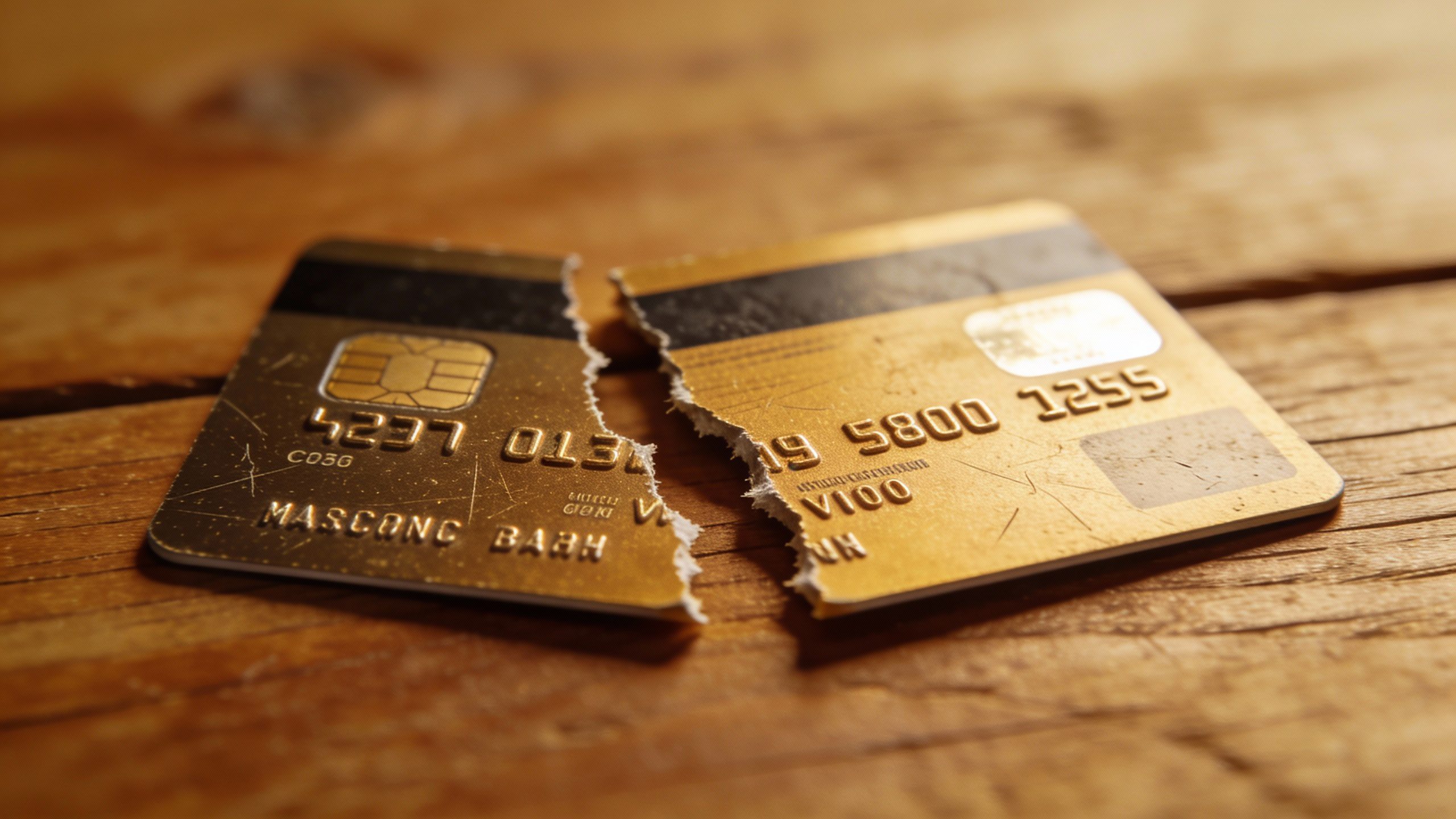 **Closeup of a torn credit card on a wooden table**