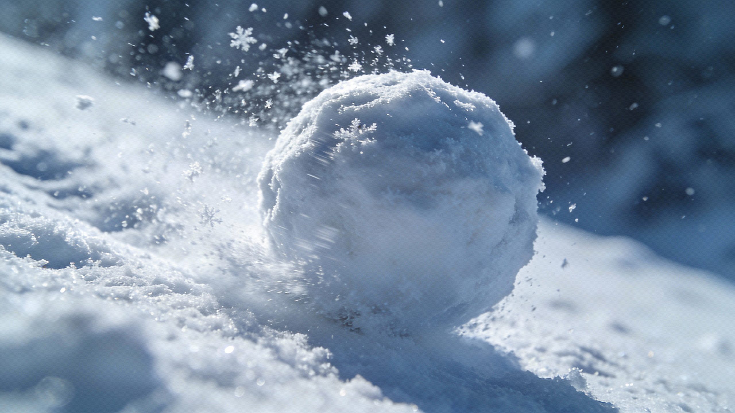 **Closeup of a snowball rolling downhill on fresh snow**