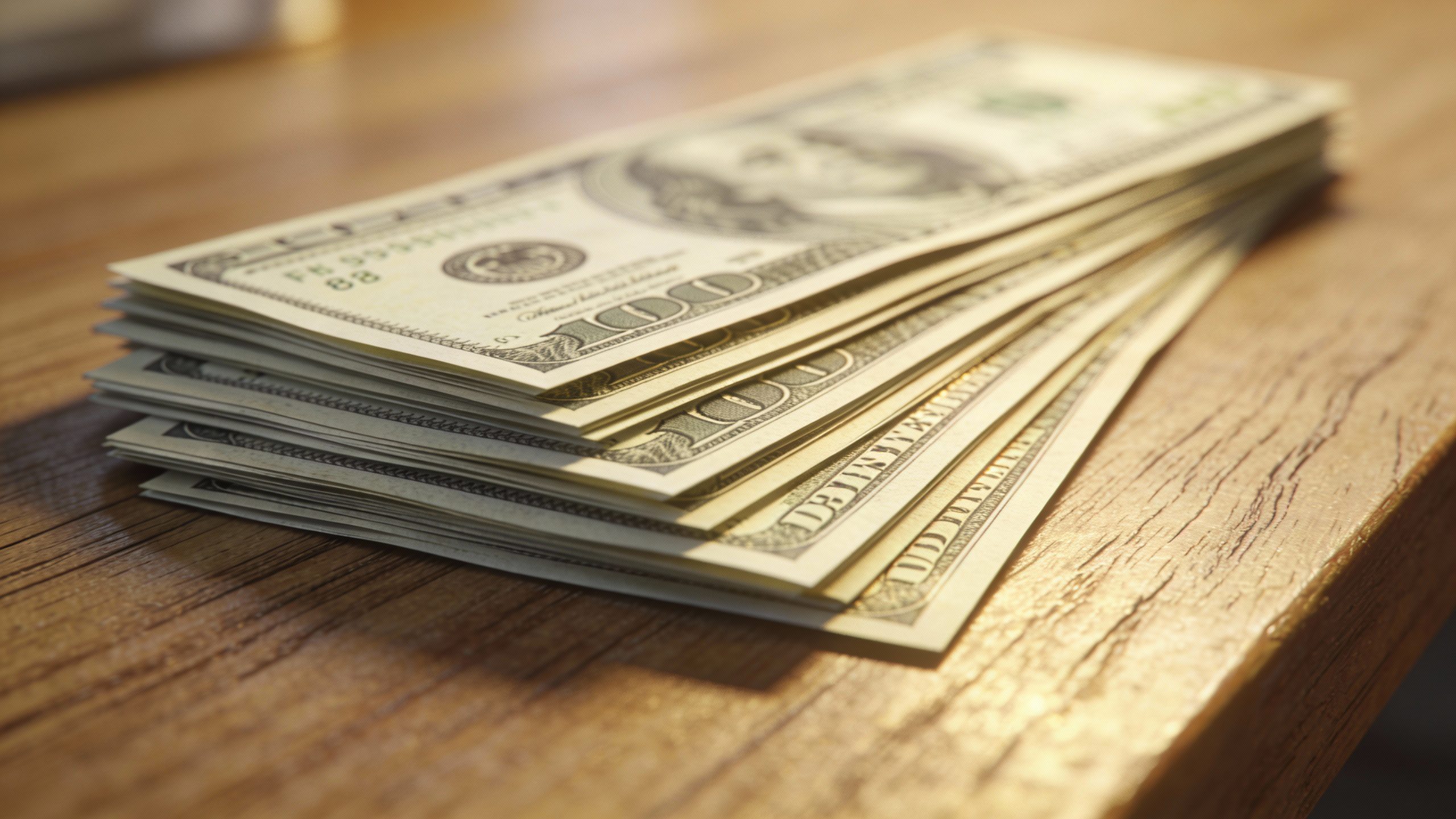 **Stack of crisp dollar bills on a wooden table**