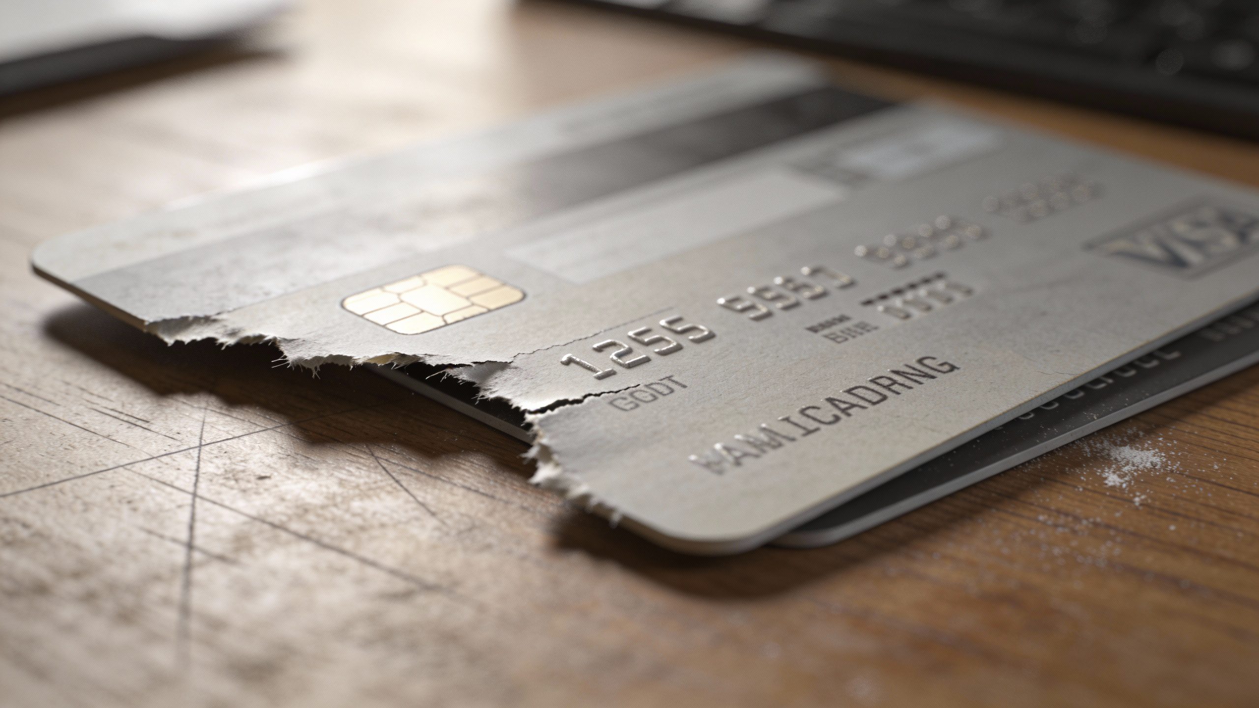 **Closeup of a torn credit card statement on a desk**