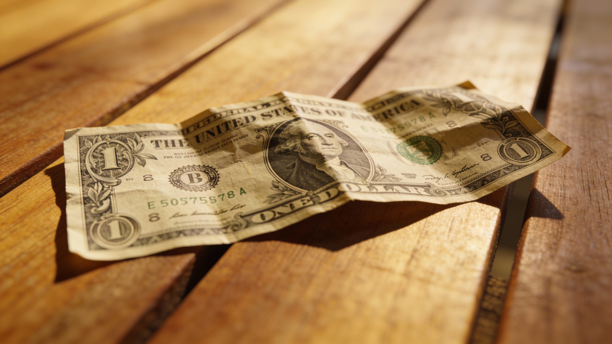 **Single crumpled dollar bill on a wooden table**