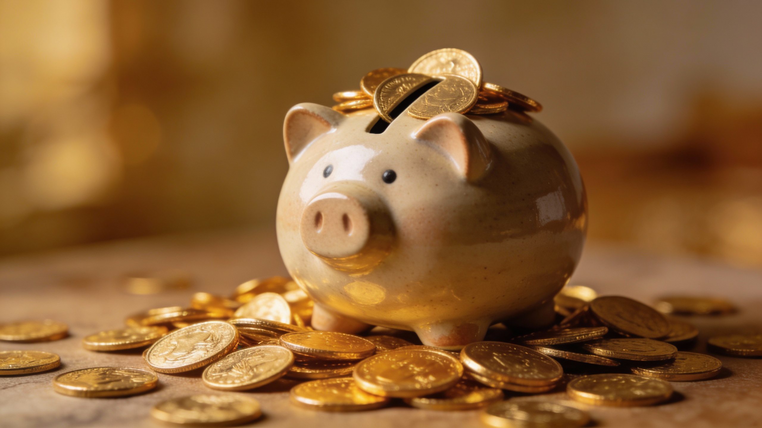 **Single piggy bank with gold coins spilling out**