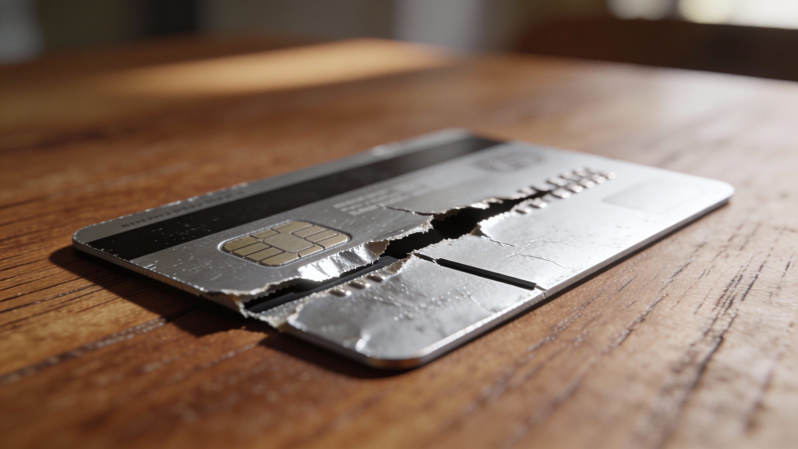 **Closeup of a torn credit card on a wooden table**