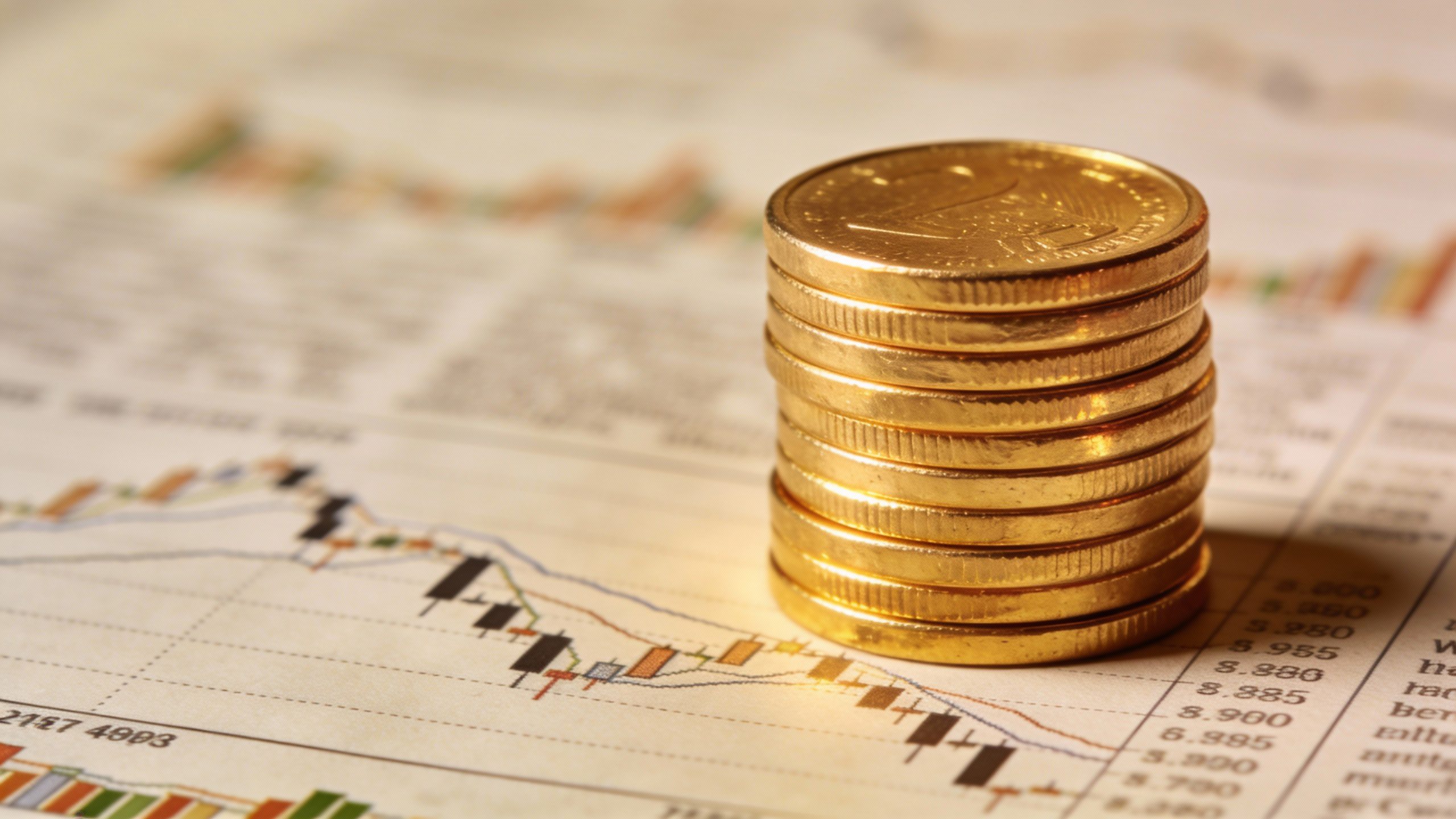 **Single stack of gold coins on a financial newspaper**