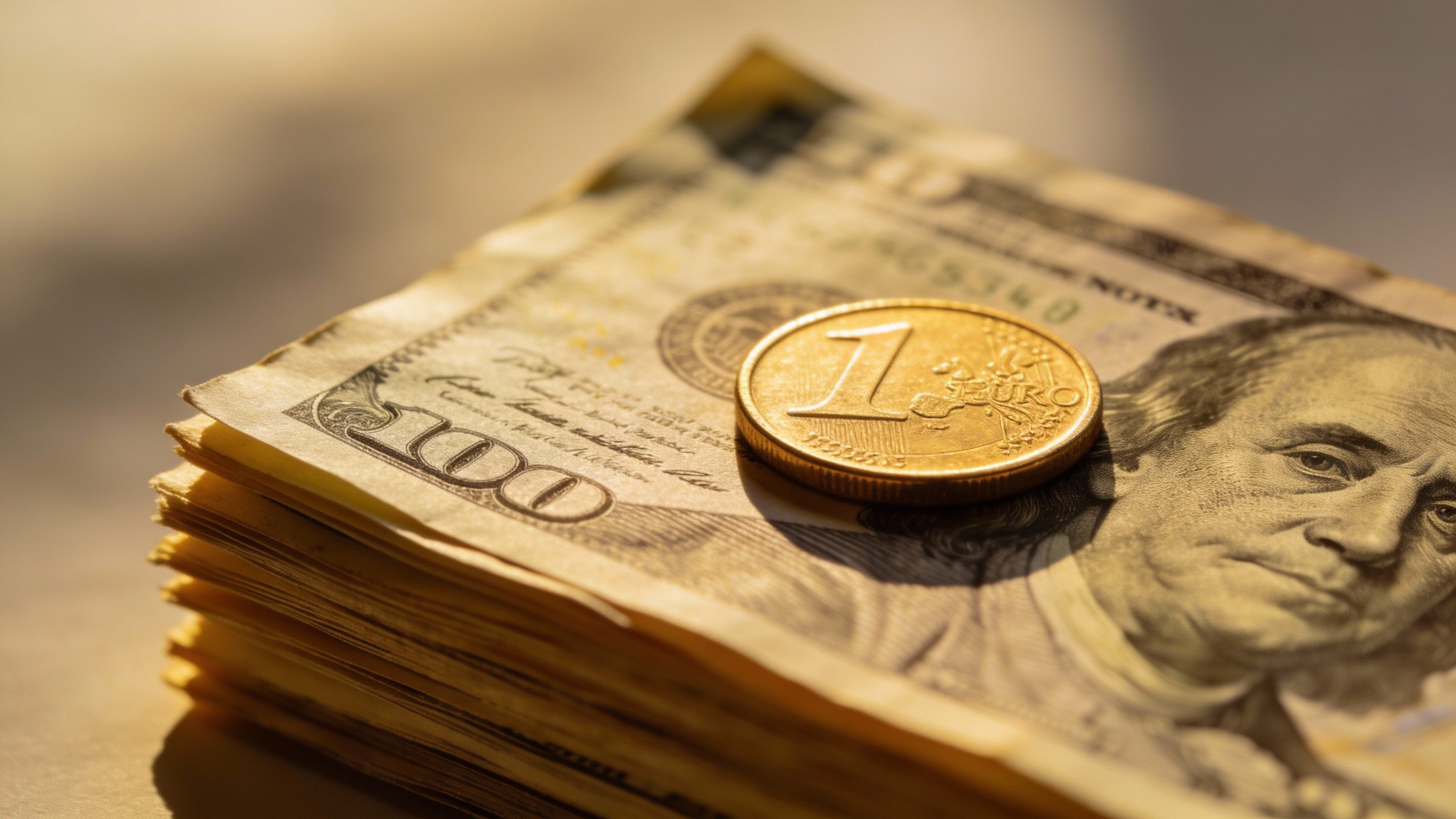 **Single stack of dollar bills with a small gold coin on top**