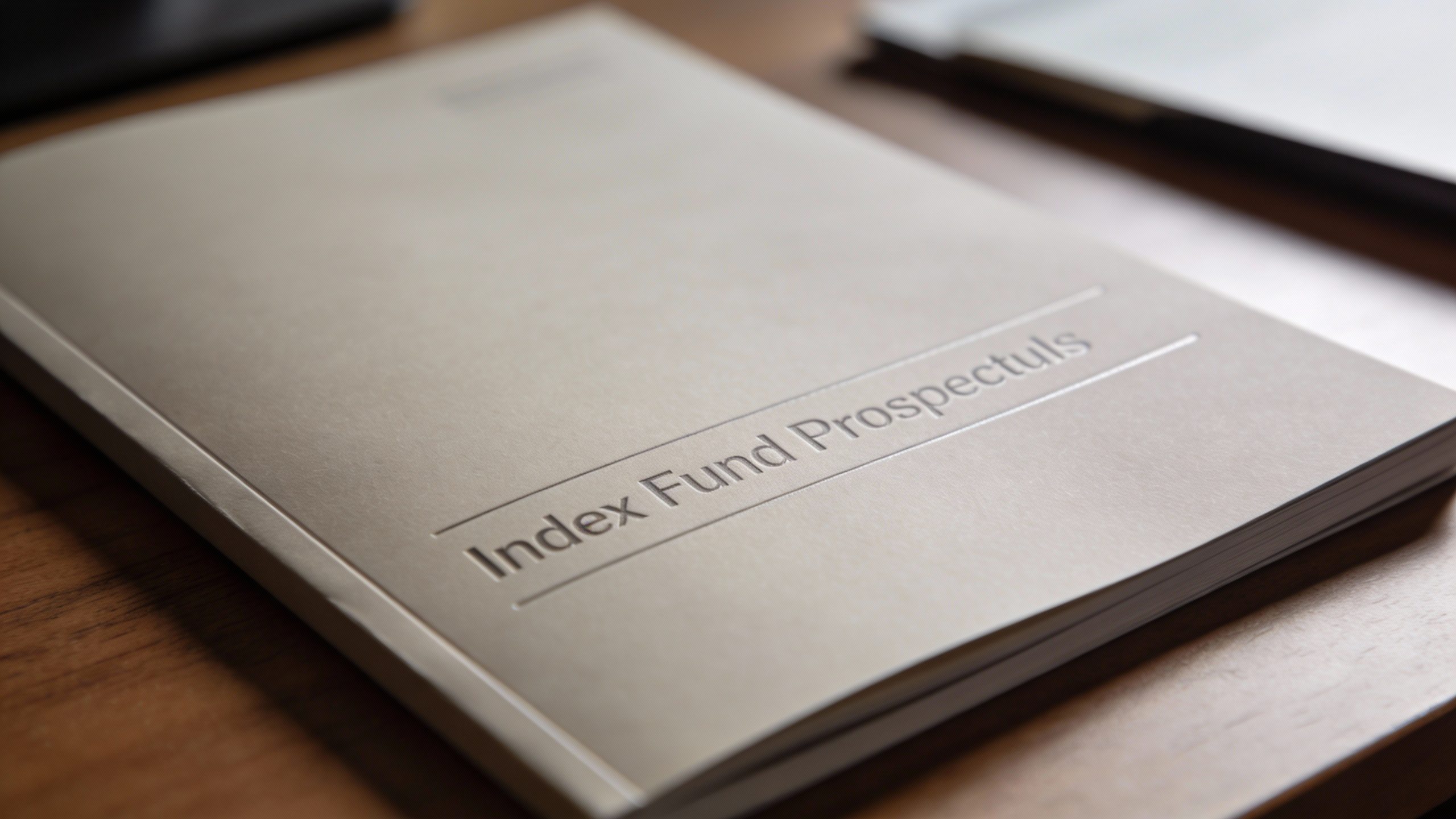 **Closeup of a sleek index fund prospectus on a desk**