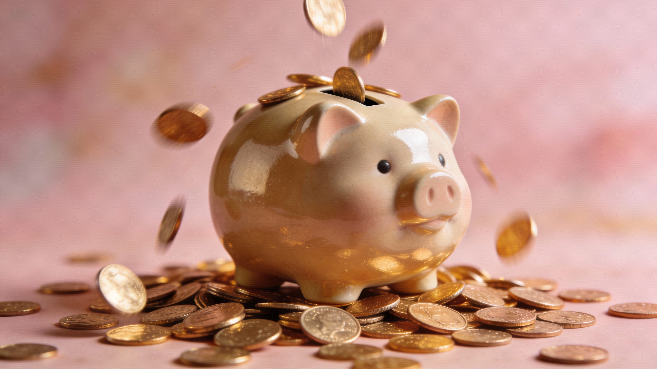 **Closeup of a piggy bank with coins spilling out**