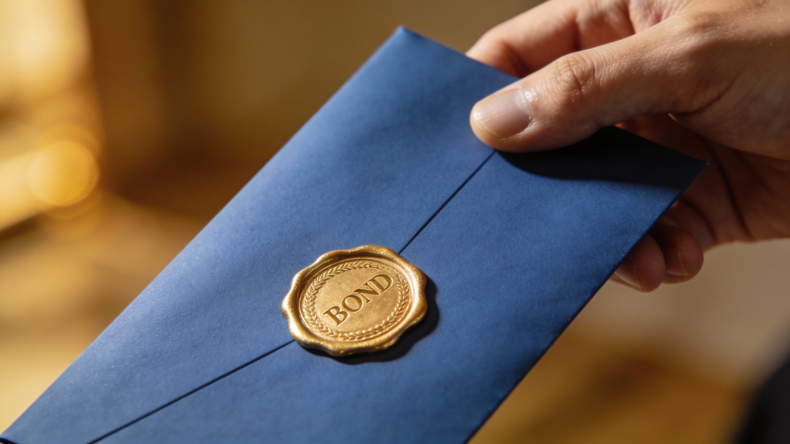 **Hand holding a blue bond document with gold seal**