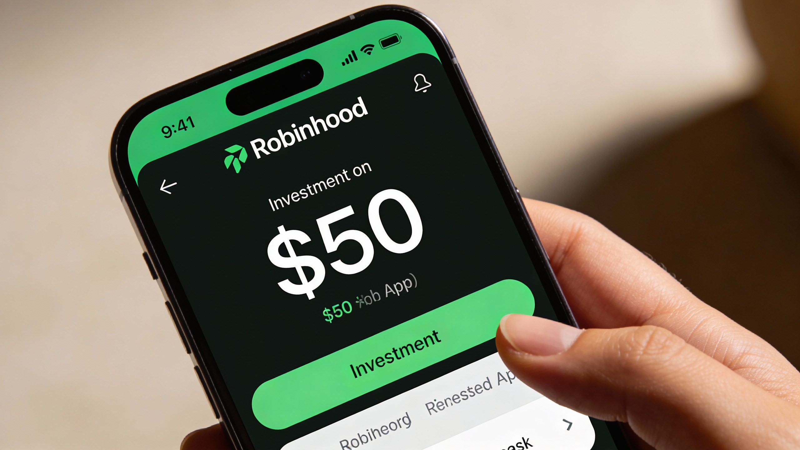 **Closeup of a smartphone screen showing a $50 investment on Robinhood**