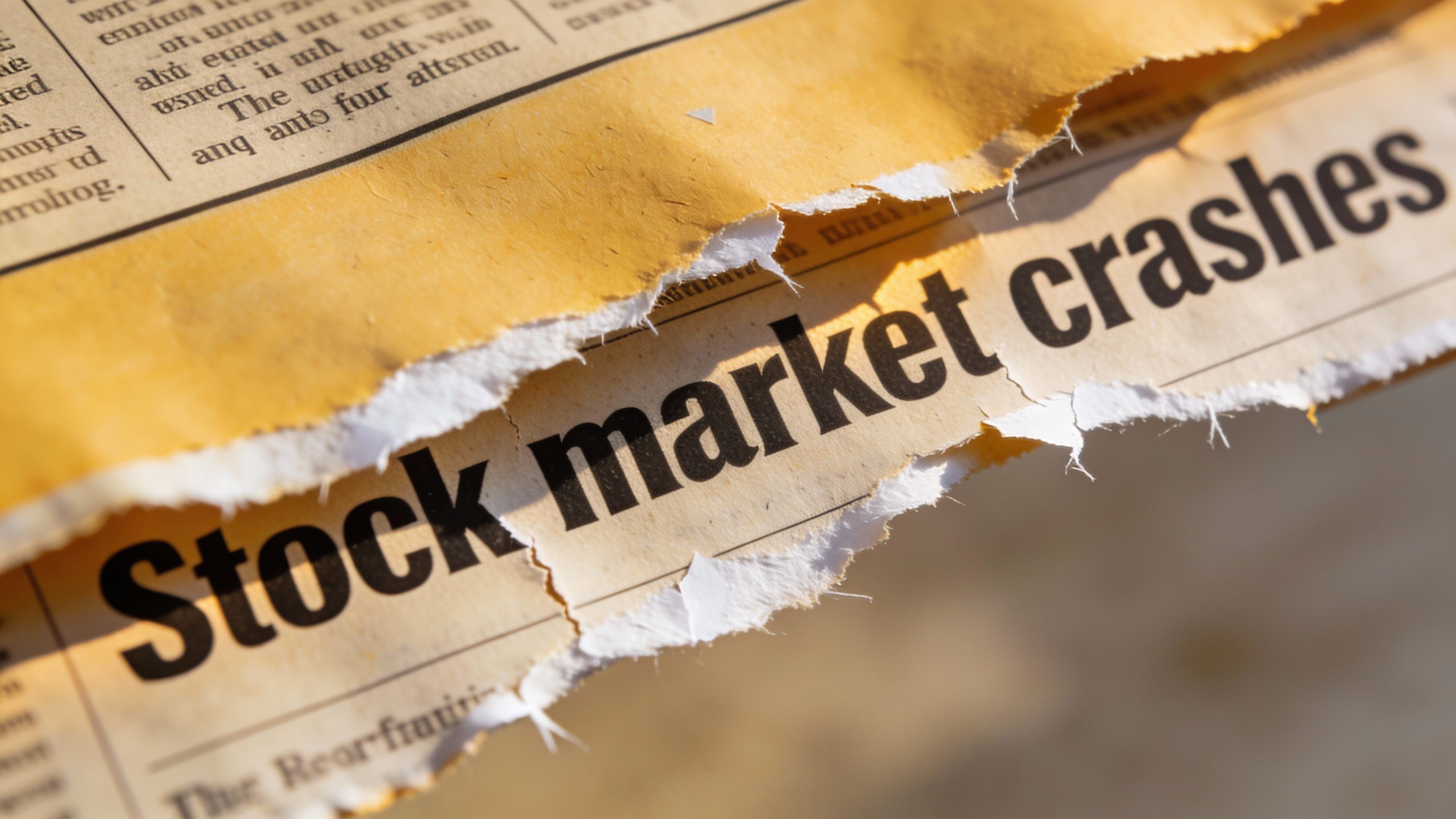 **Closeup of a torn newspaper headline about stock market crashes**