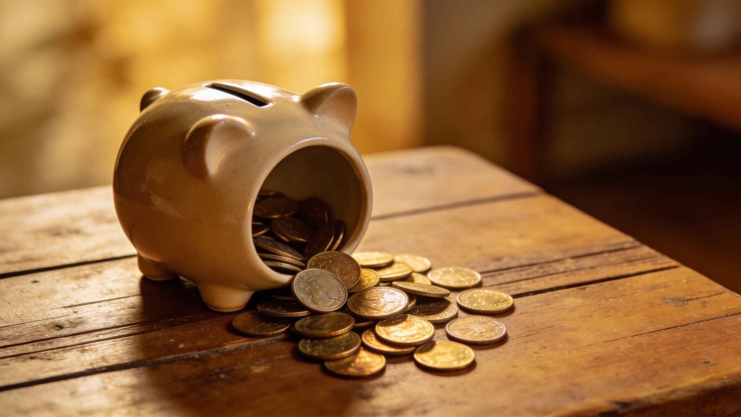 **Single piggy bank with coins spilling out onto a wooden table**
