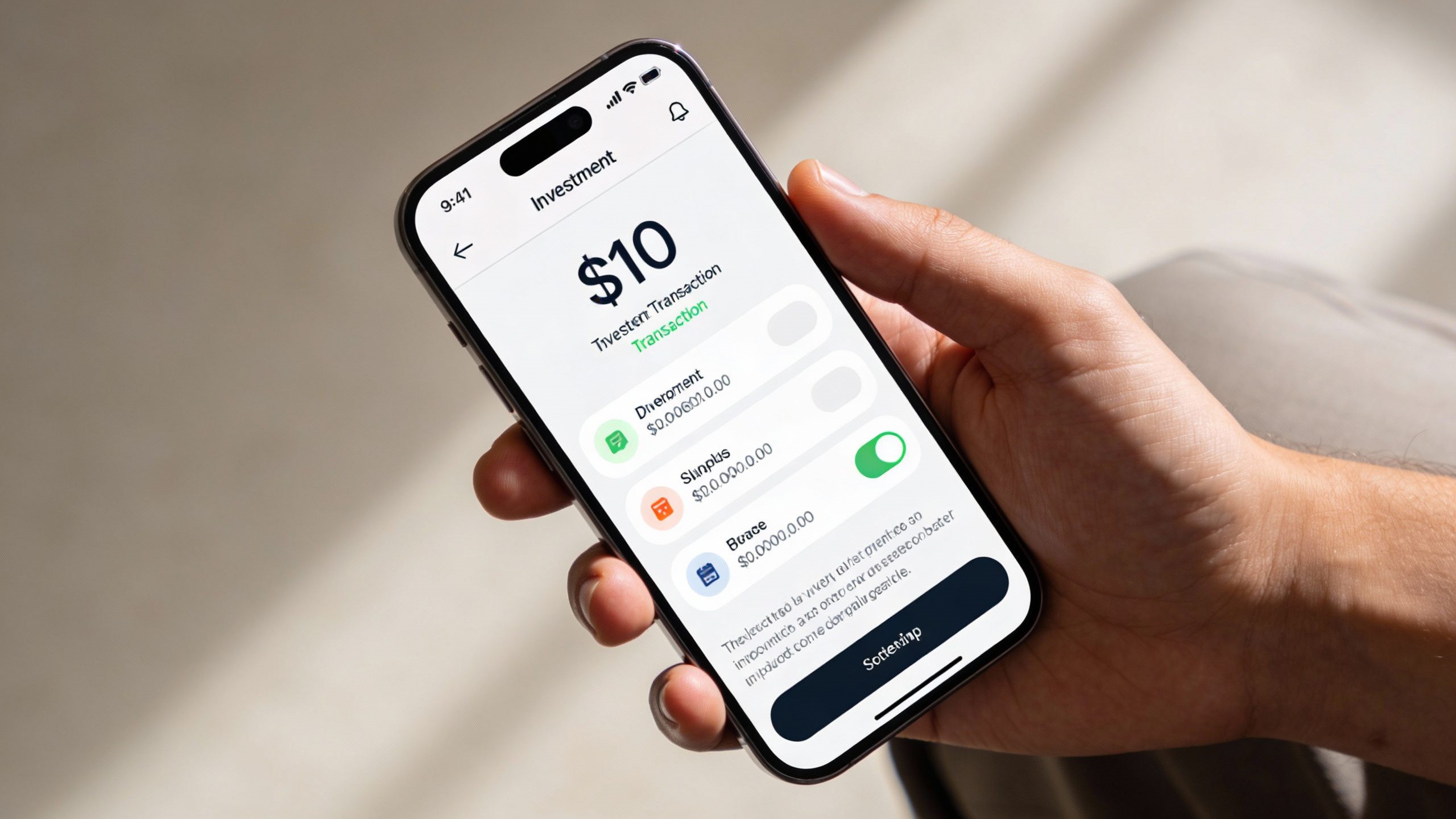 **Closeup of a smartphone screen showing $10 investment transaction**