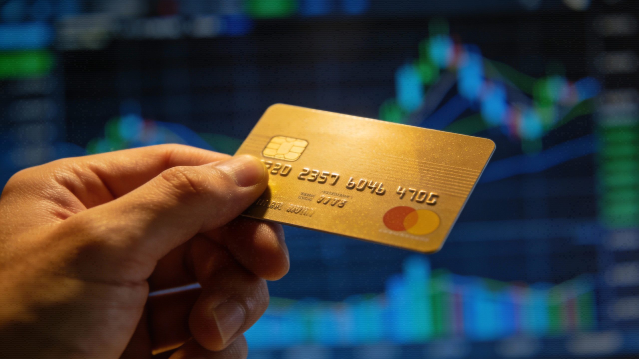 **Hand holding a debit card against a blurred stock chart background**