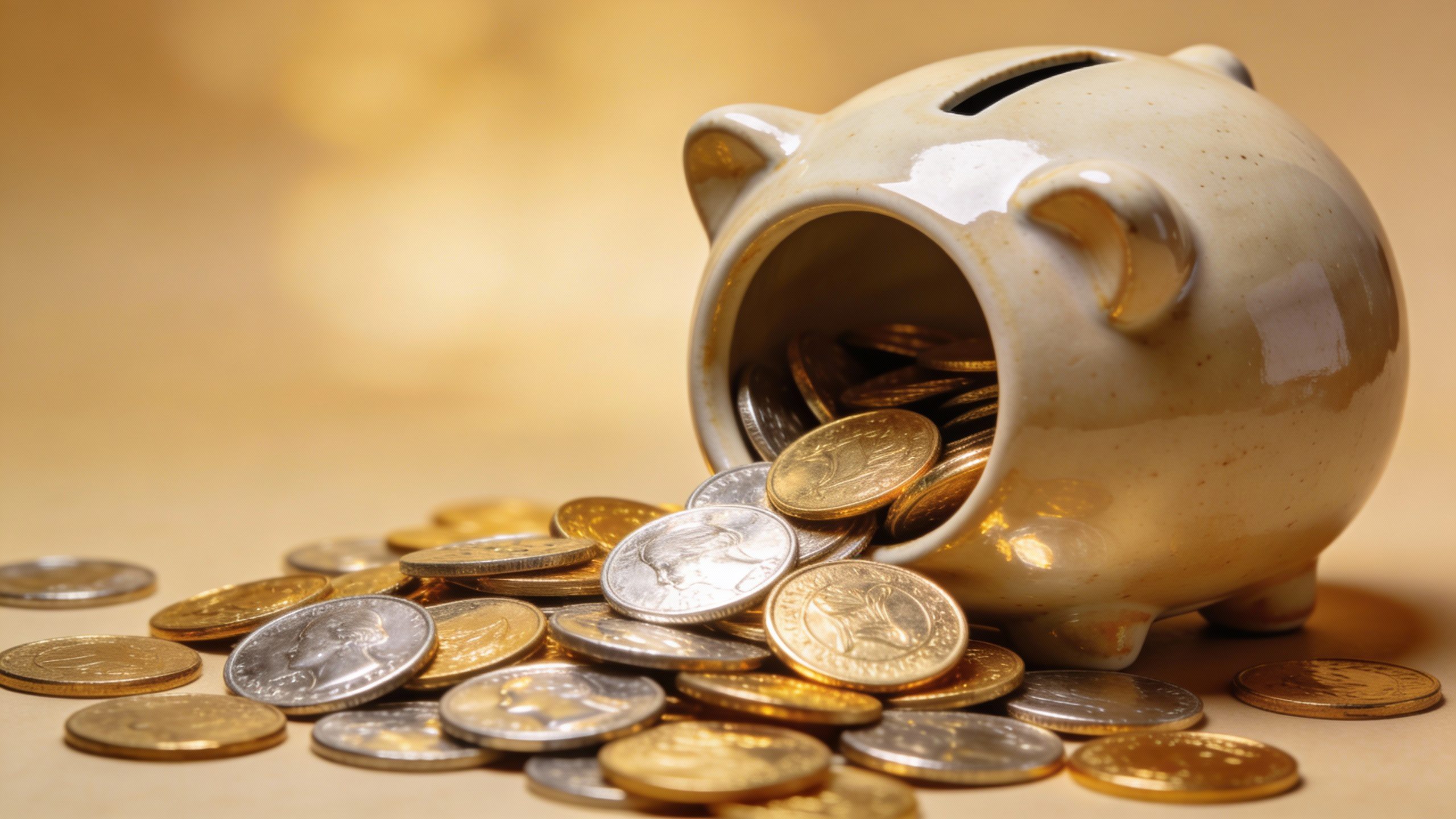 **Closeup of a piggy bank with coins spilling out**
