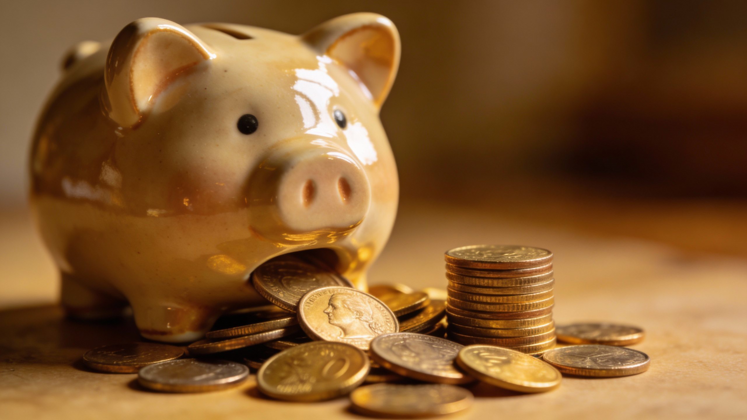 **Closeup of a piggy bank with coins spilling out**