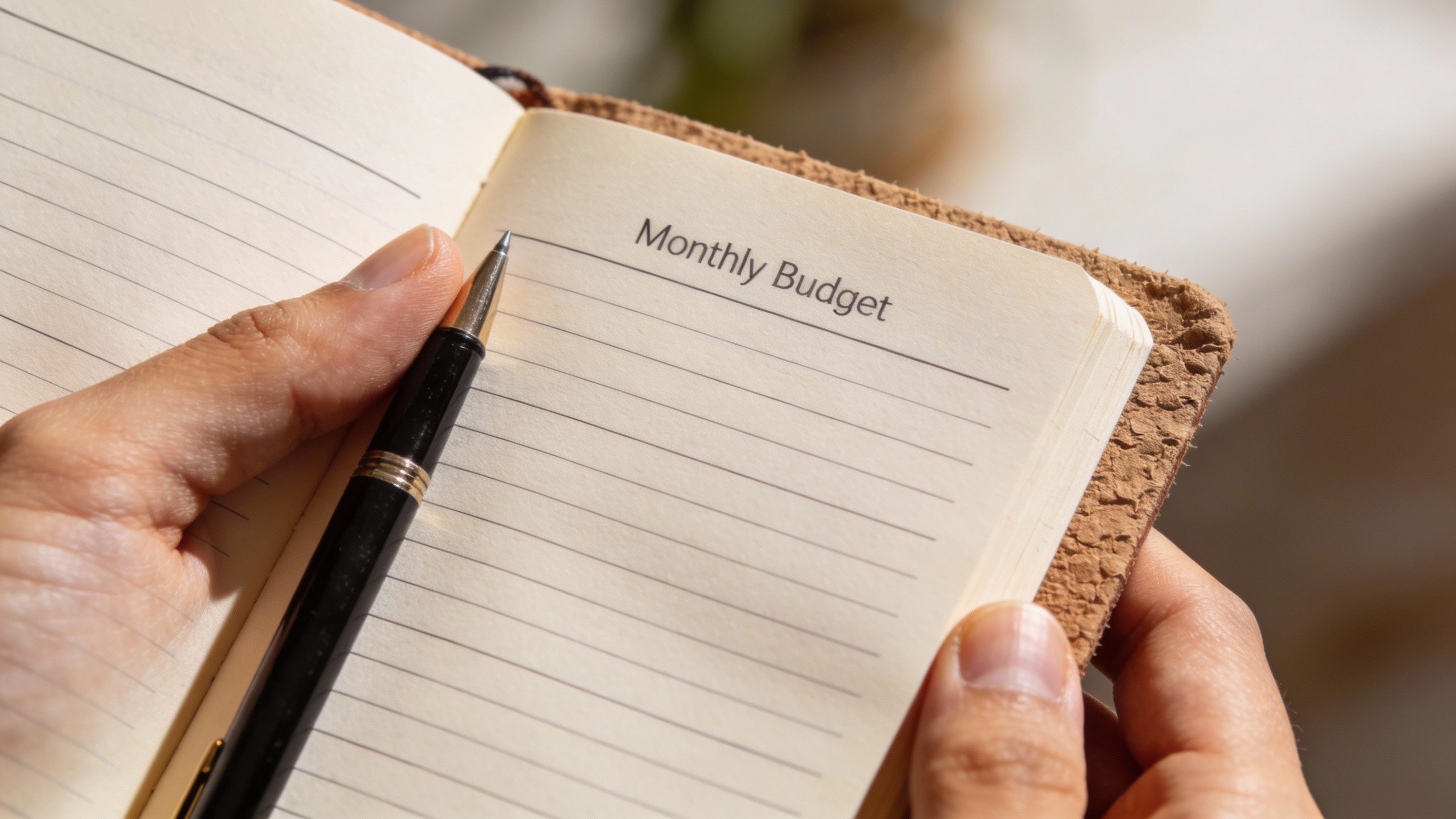 **Hand holding a monthly budget notebook with pen**