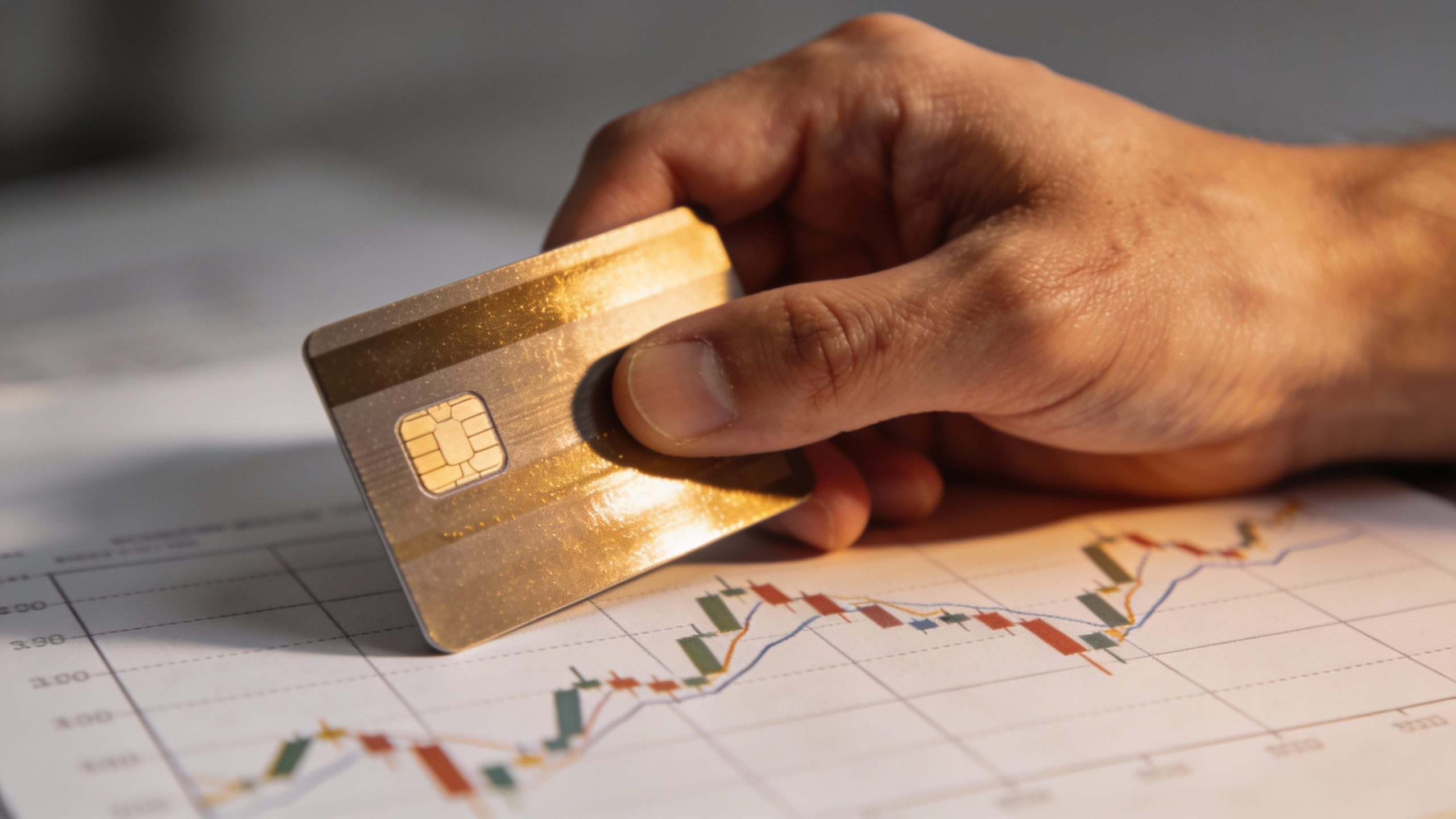 **Single hand holding a debit card over a stock market graph**