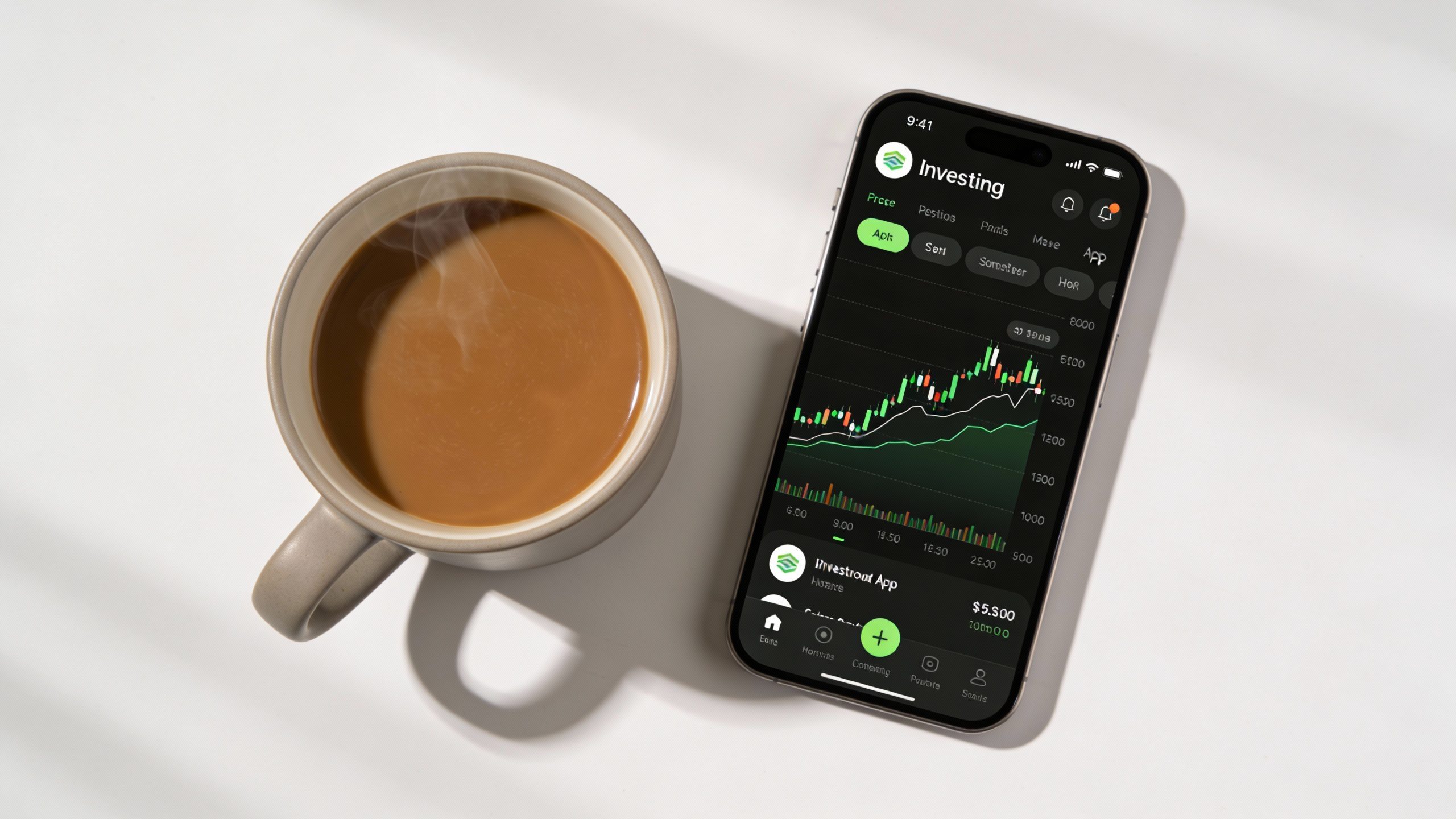 **Isolated shot of a coffee cup next to a phone with an investing app open**