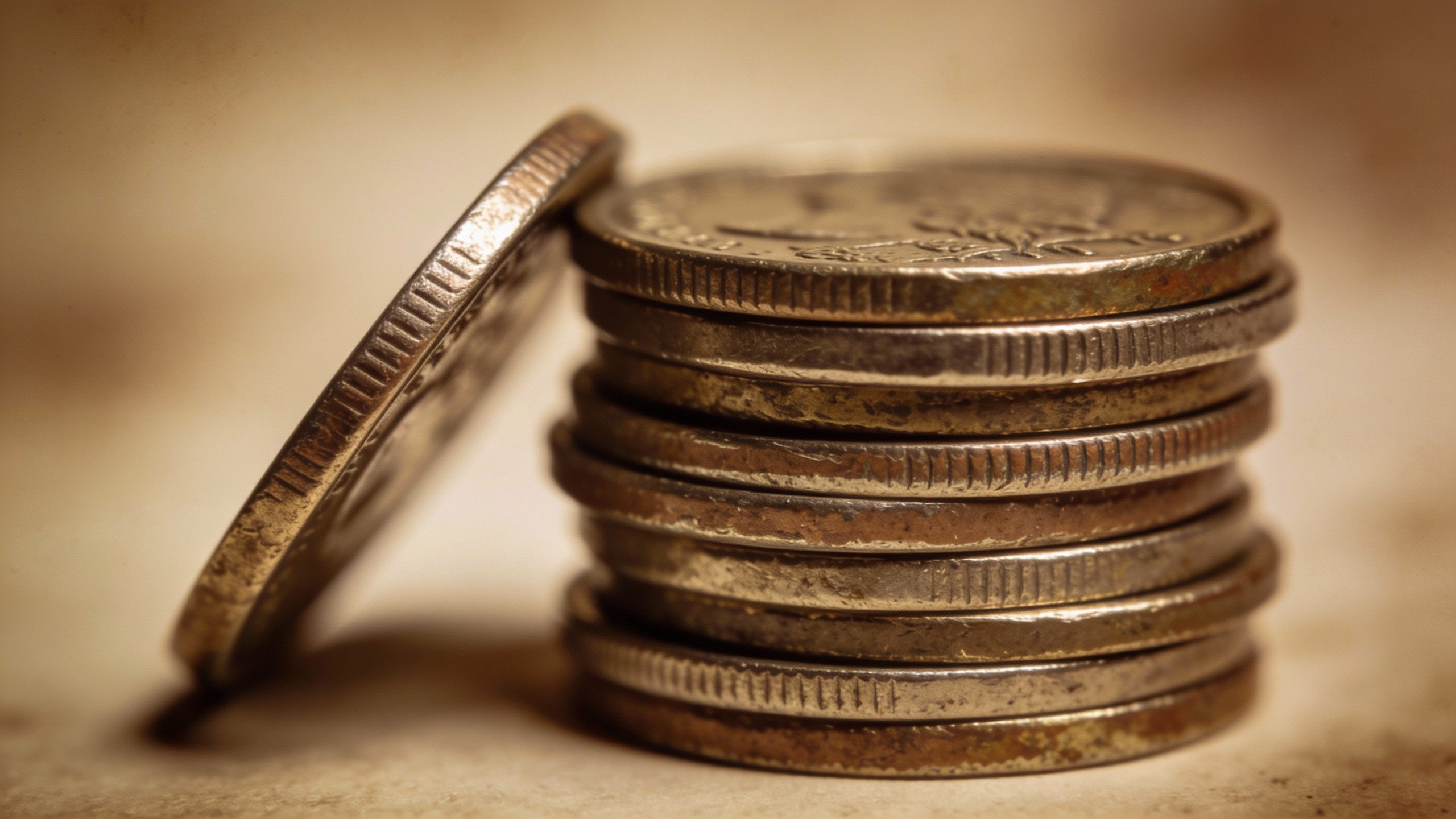 **Single stack of vintage coins with one coin tilted**
