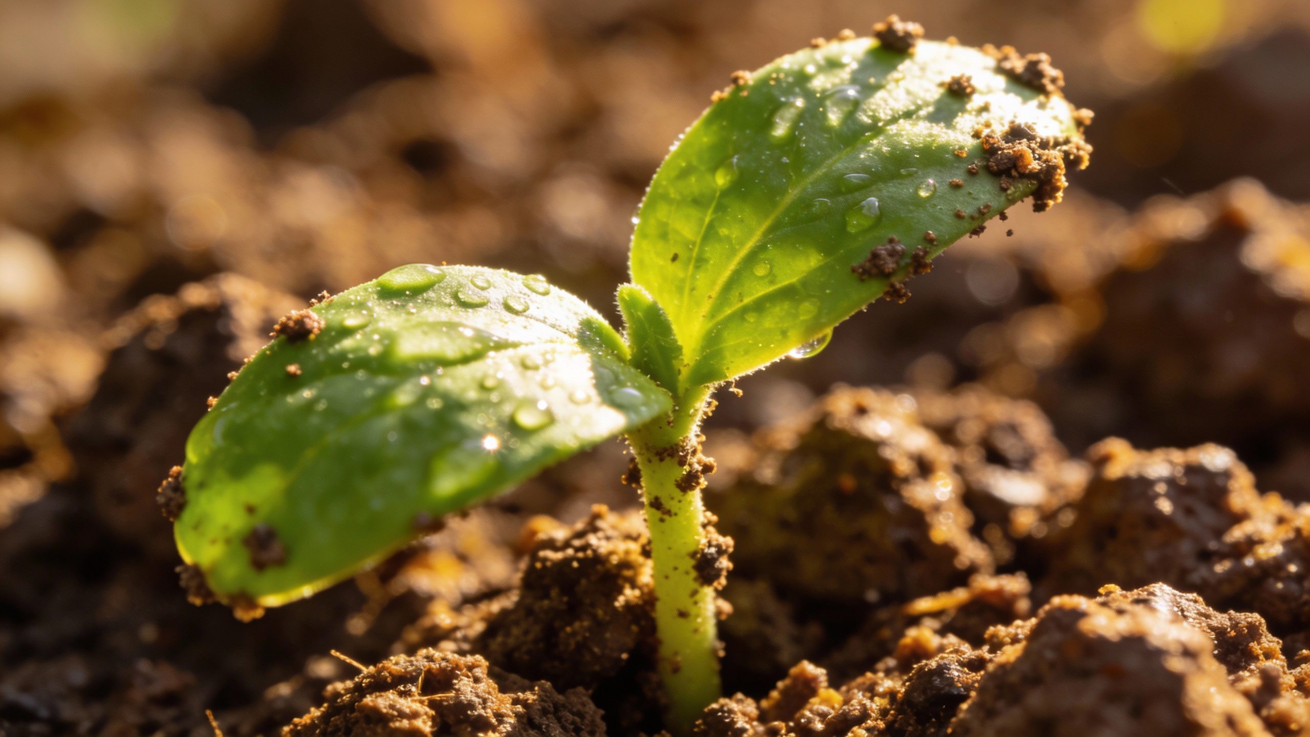 **Macro shot of a green sprout emerging from soil**