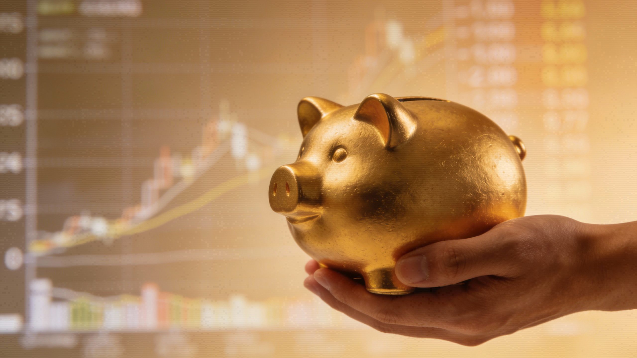 **Hand holding a golden piggy bank against a blurred financial chart background**