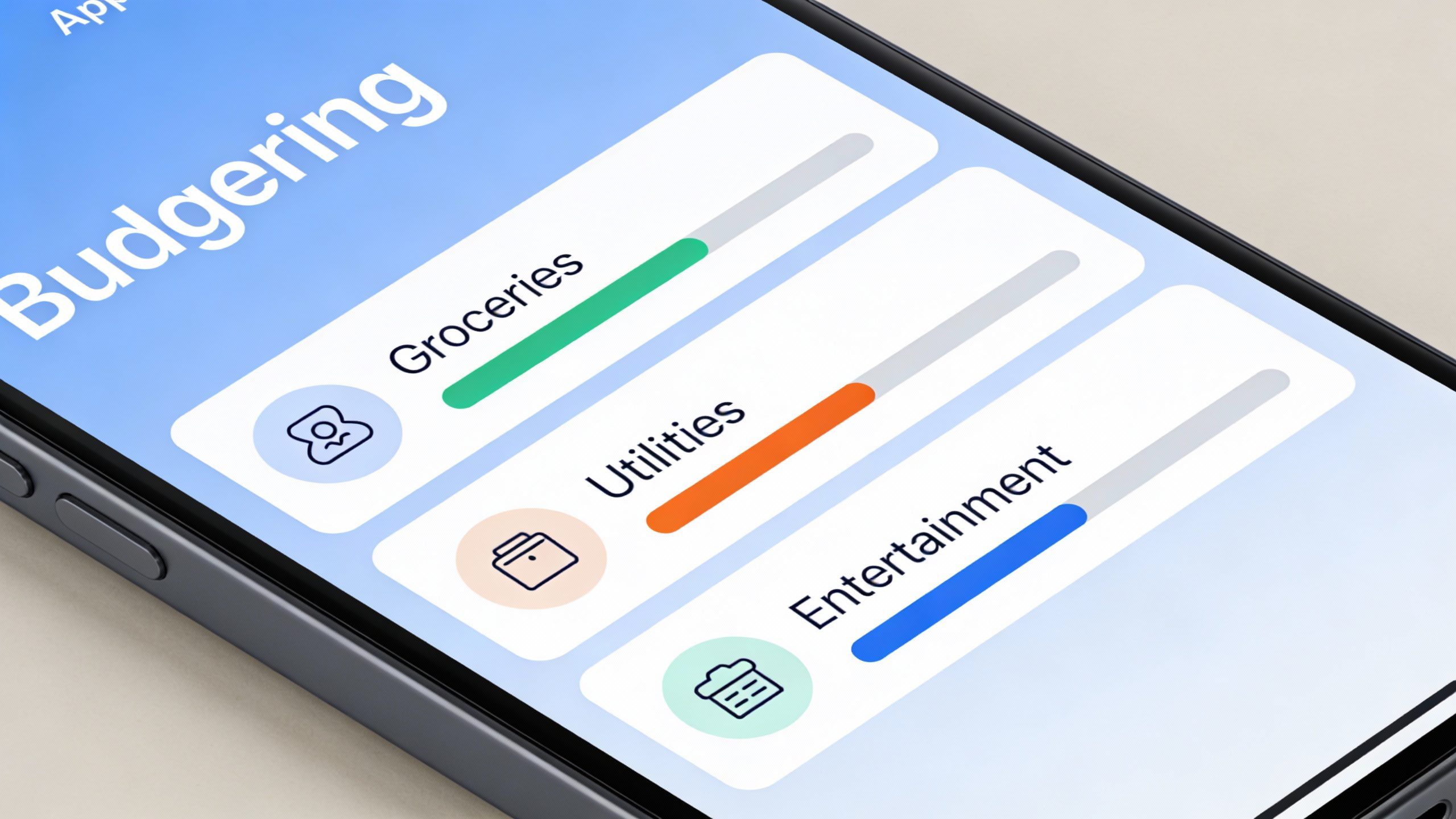 **Closeup of a smartphone screen showing a budgeting app (Mint/YNAB)**
