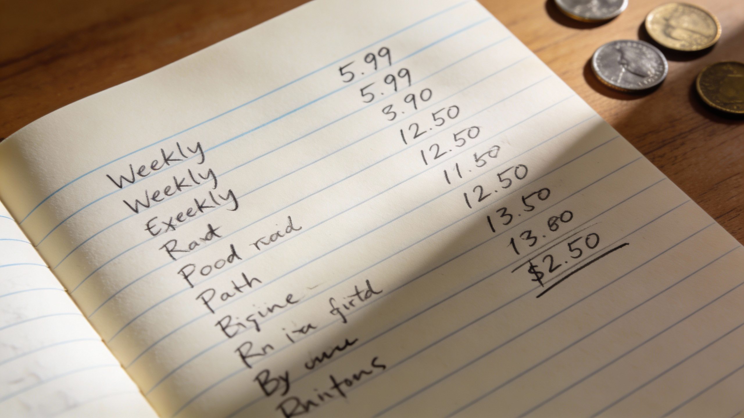 **Handwriting in a lined notebook tracking weekly expenses**