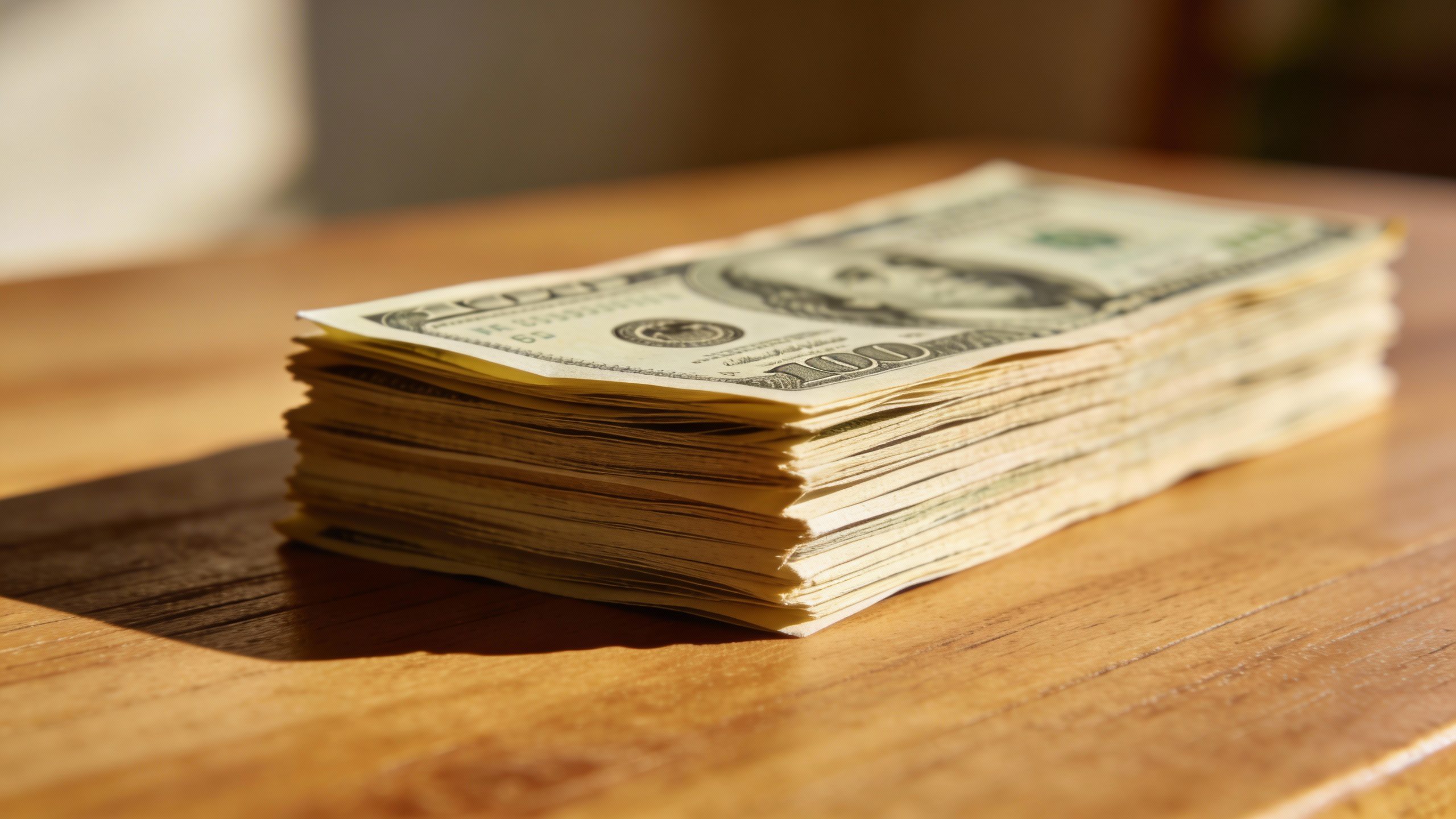 **Single stack of crisp dollar bills on a wooden table**