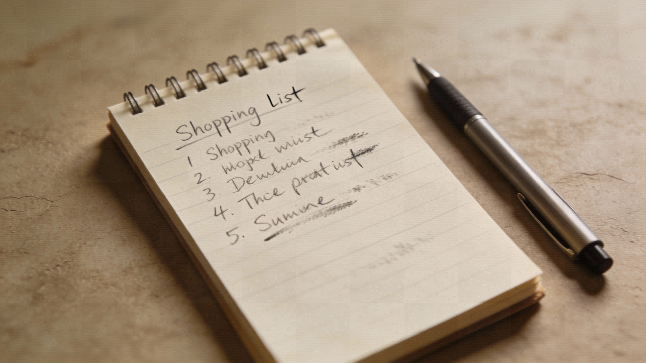 **Single handwritten shopping list on a notepad with pen**