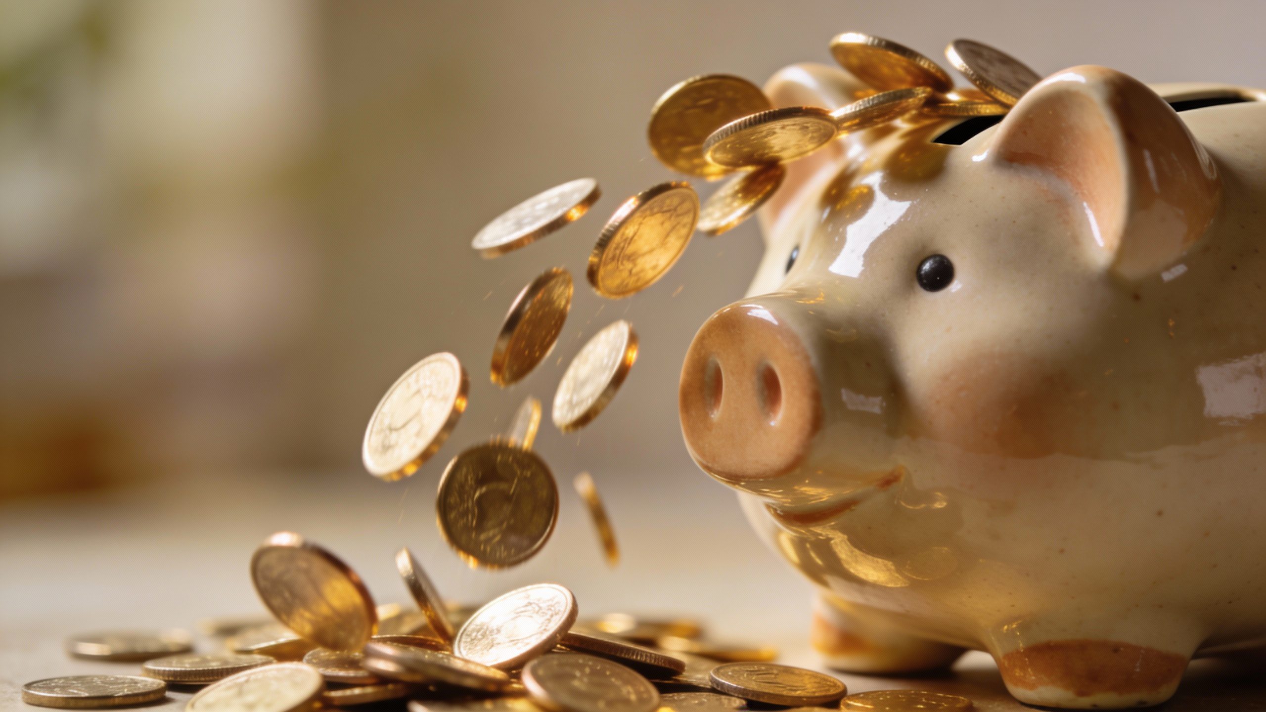 **Closeup of a piggy bank with coins spilling out** Each prompt focuses on one clear subject while tying directly to the article’s money-saving themes.