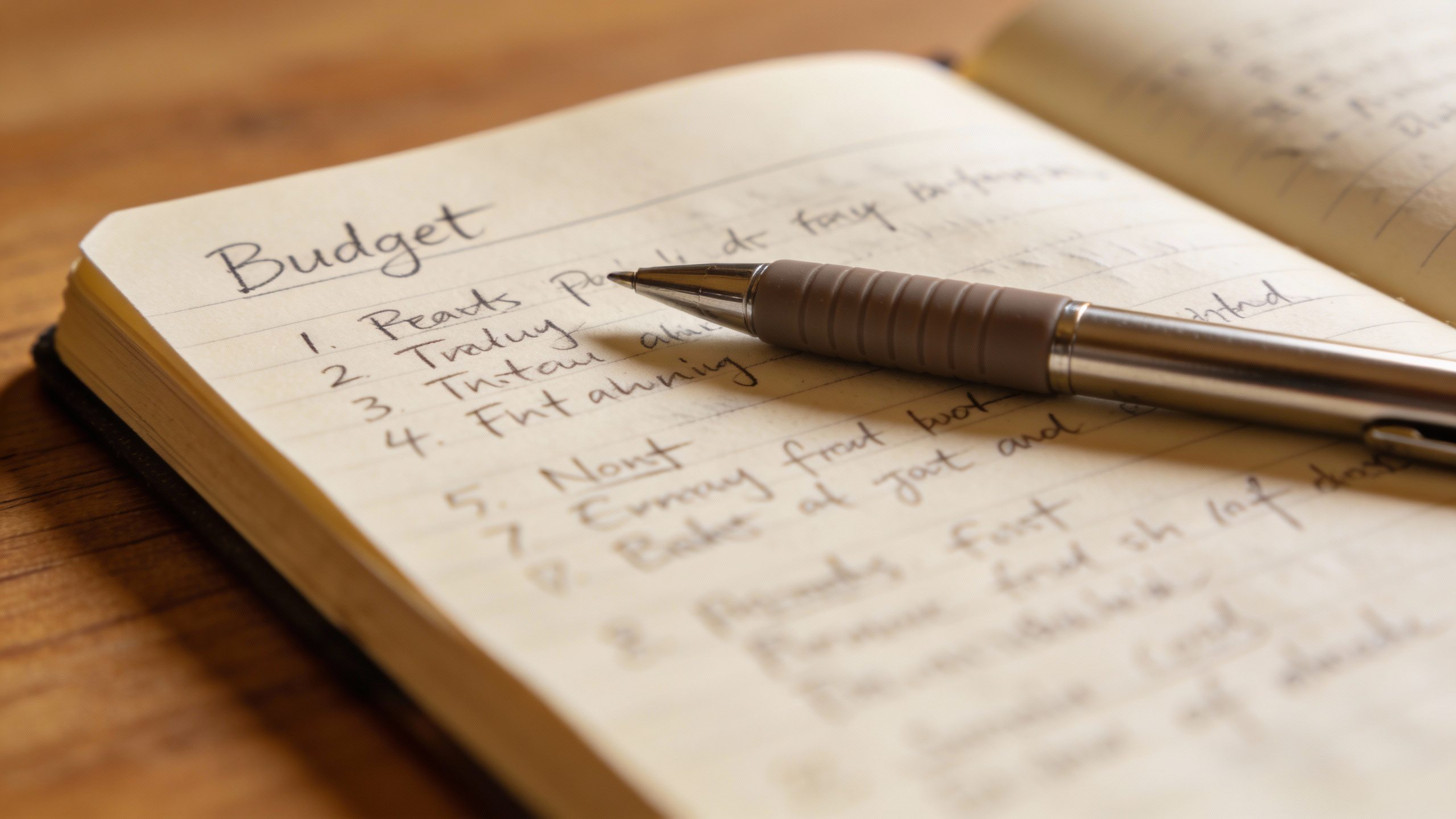 **Closeup of a handwritten budget notebook with pen**