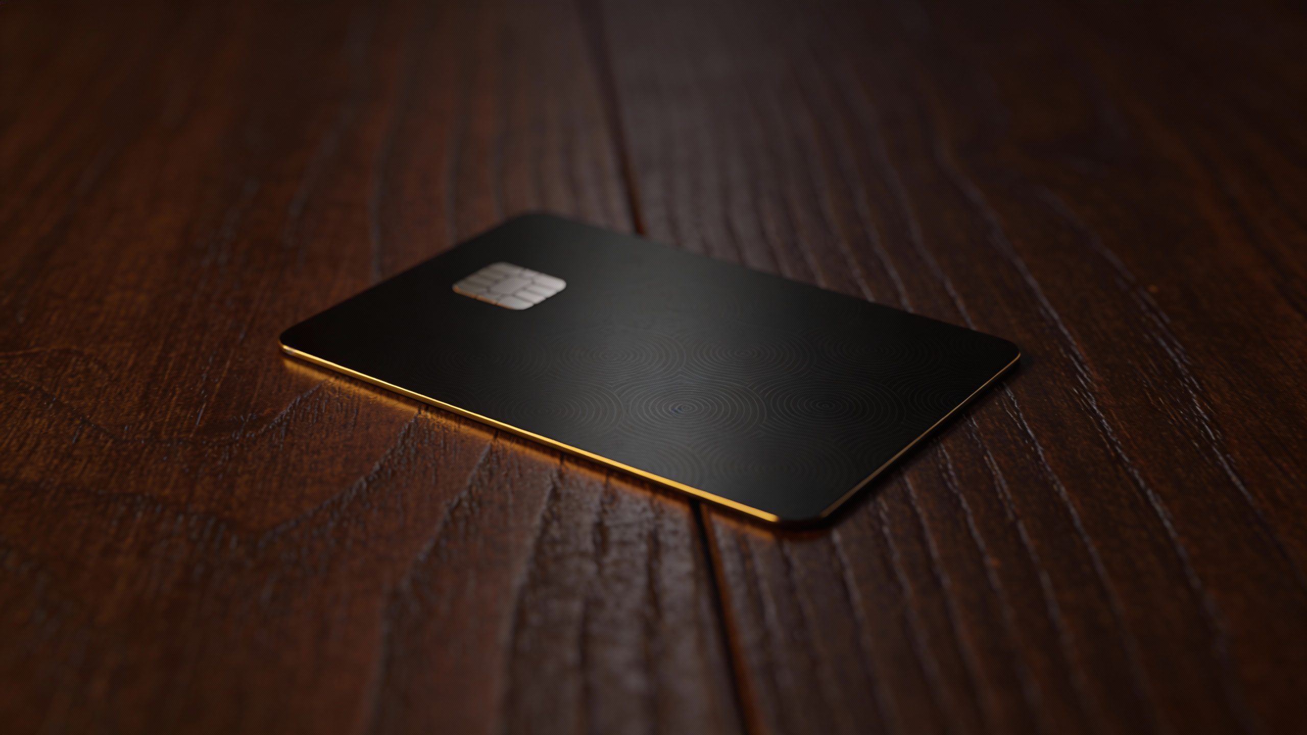 **Single unused credit card on a dark wood table**